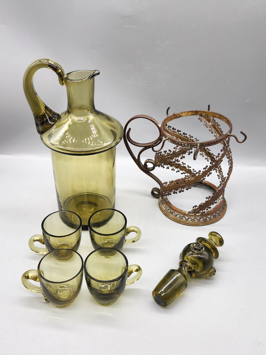 Vintage Green Glass Decanter 4 Cups Caddy Set Empoli Italian Genie Bottle