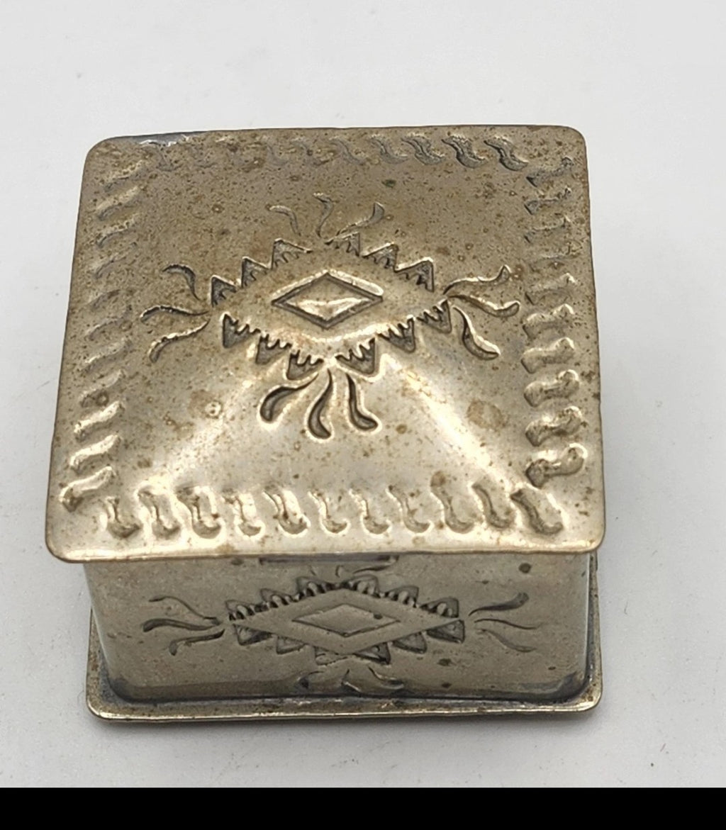 Small Silver Metal Trinket Box Southwestern Geometric Design Hinged Lid Decor