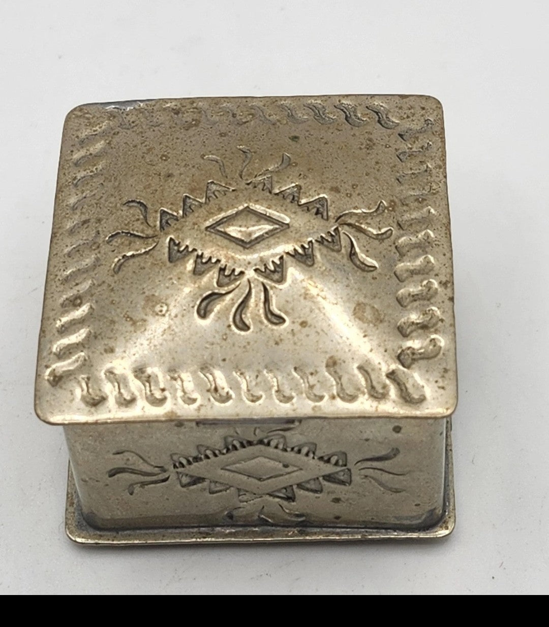 Small Silver Metal Trinket Box Southwestern Geometric Design Hinged Lid Decor