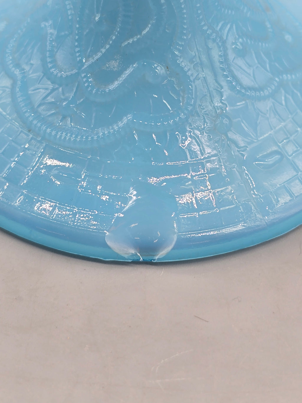 Fenton Blue Satin Glass Compote Pedestal Bowl – Ruffled Edge Candy Dish – Vintage Milk Glass