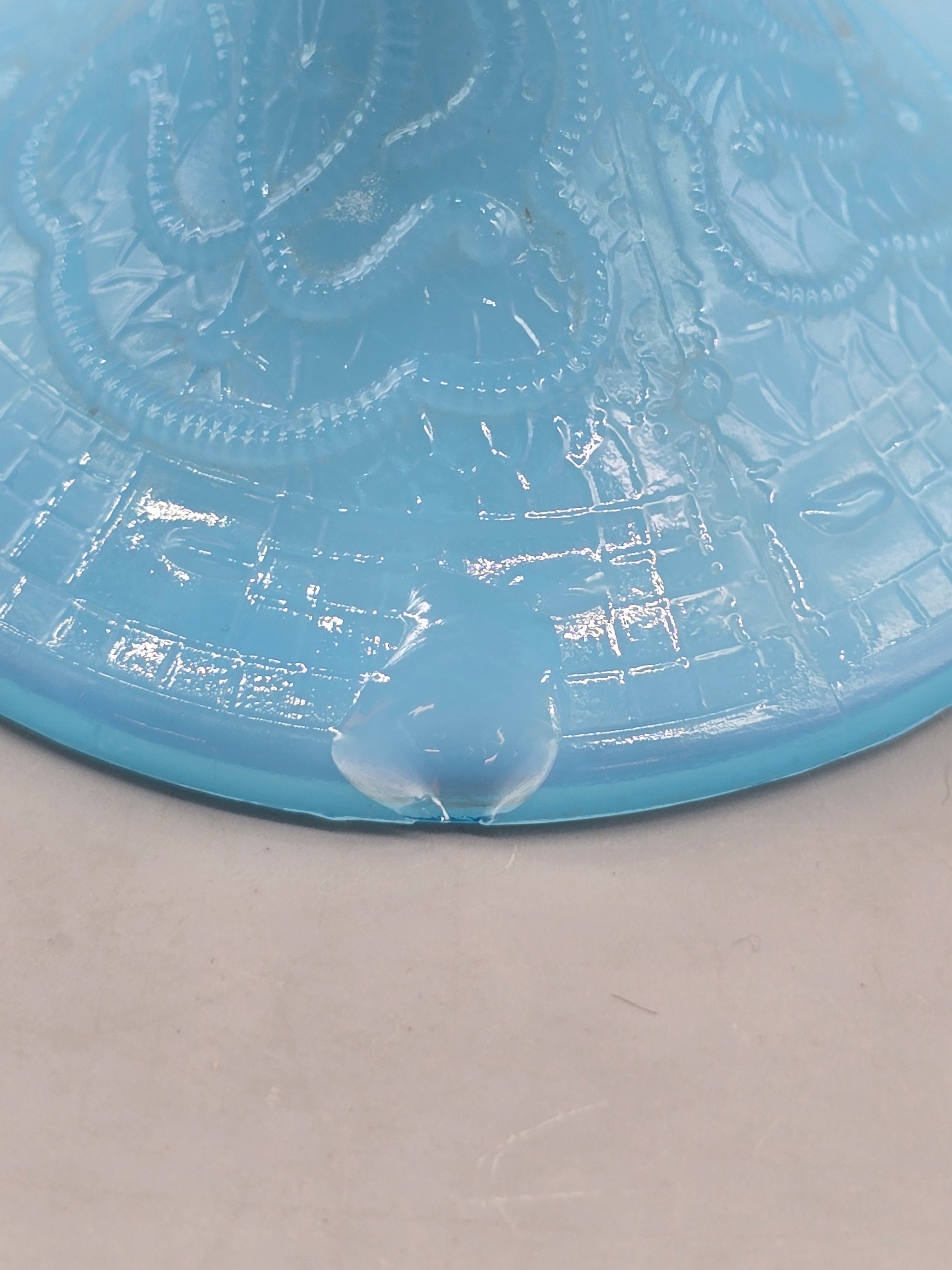Fenton Blue Satin Glass Compote Pedestal Bowl – Ruffled Edge Candy Dish – Vintage Milk Glass