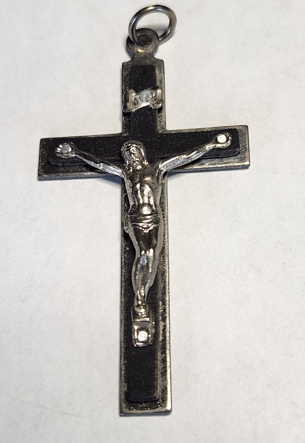Vintage Italy Catholic Crucifix Cross Pendant Black Enamel Silver Tone