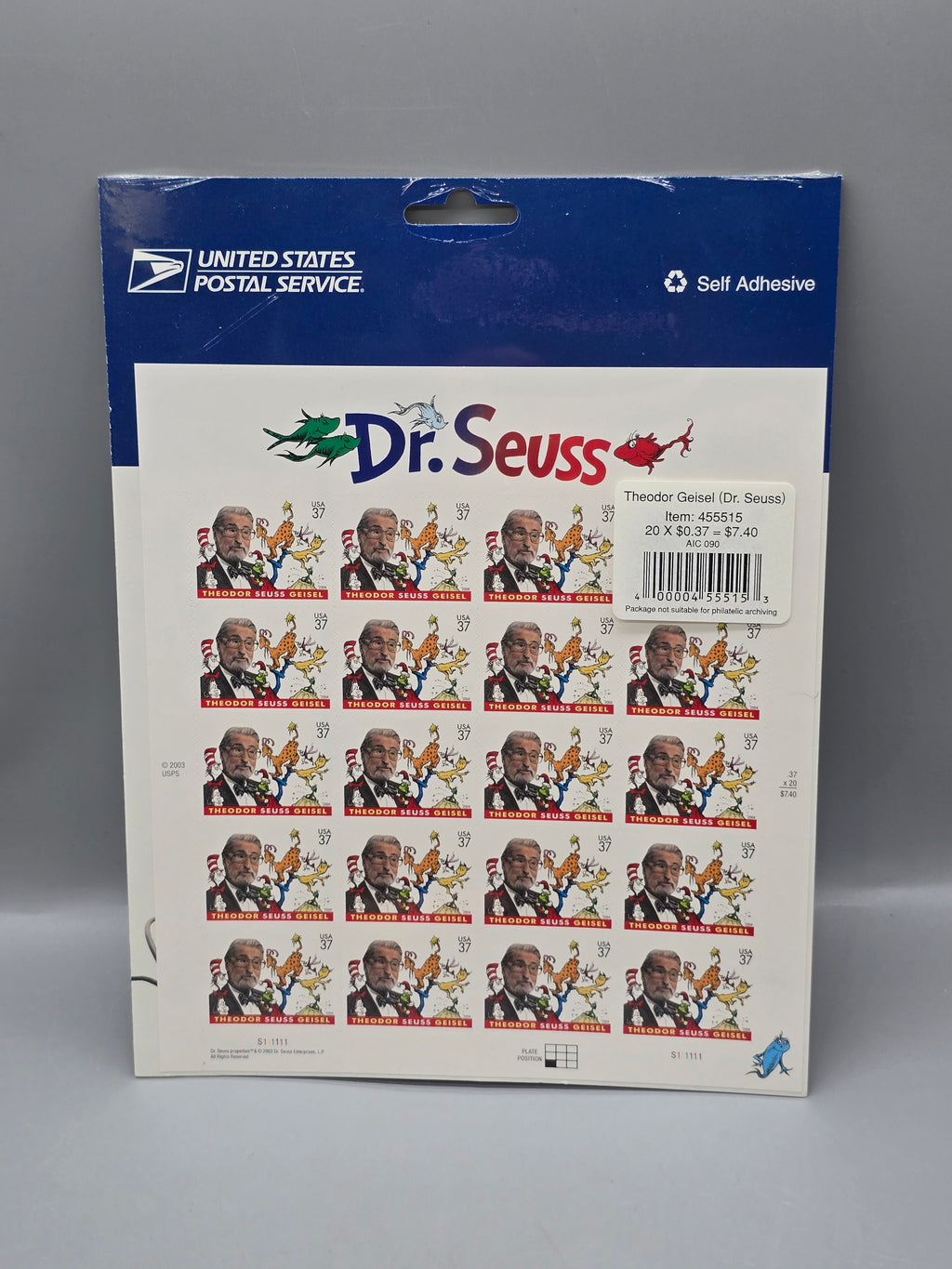USPS Dr. Seuss Theodor Seuss Geisel 37¢ Self Adhesive Stamp Booklet 20 Sealed 2004