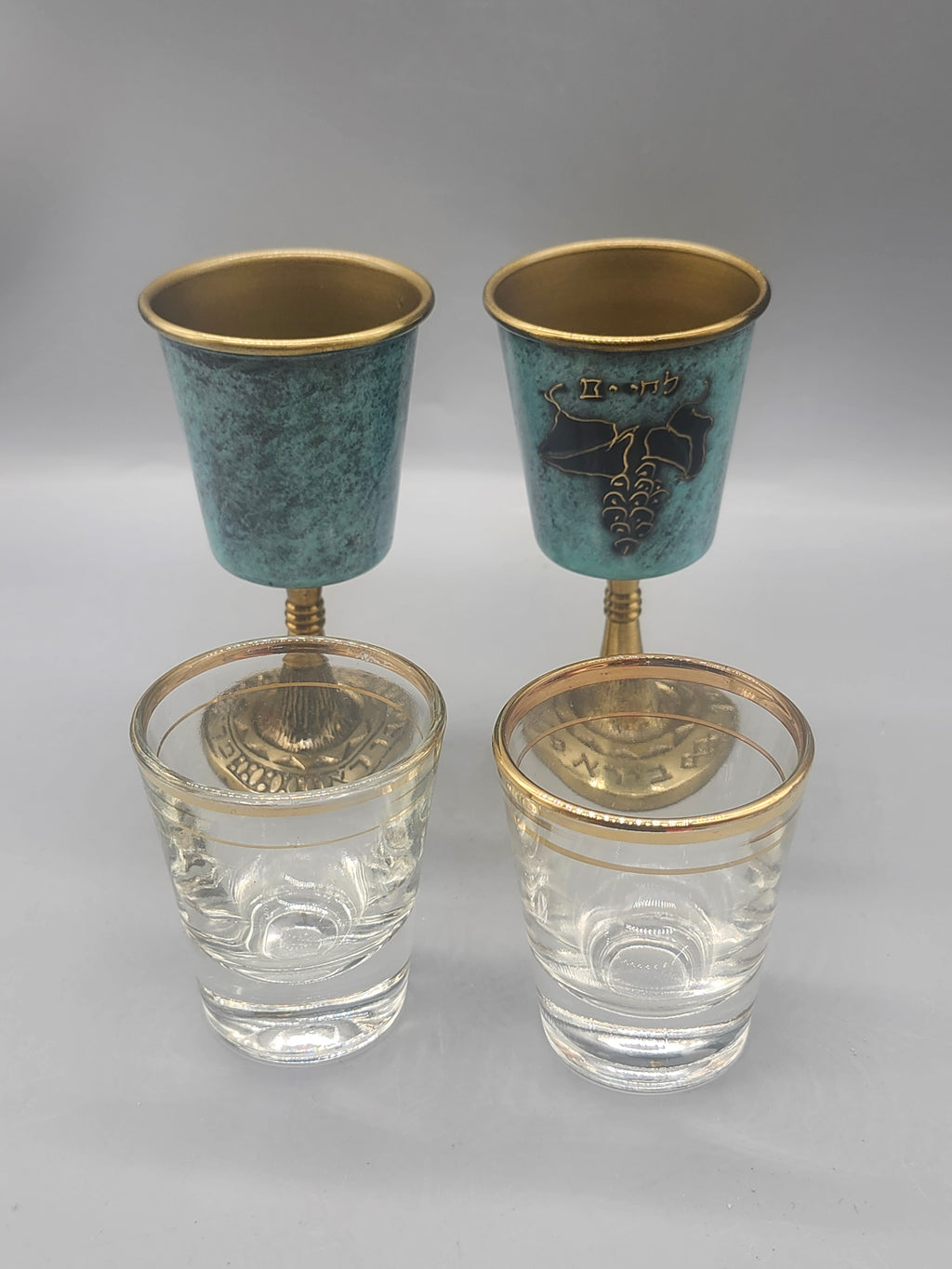 Vintage Israeli Kiddush Cups Set 2 Glass Liners Hebrew Grape Made in Israel