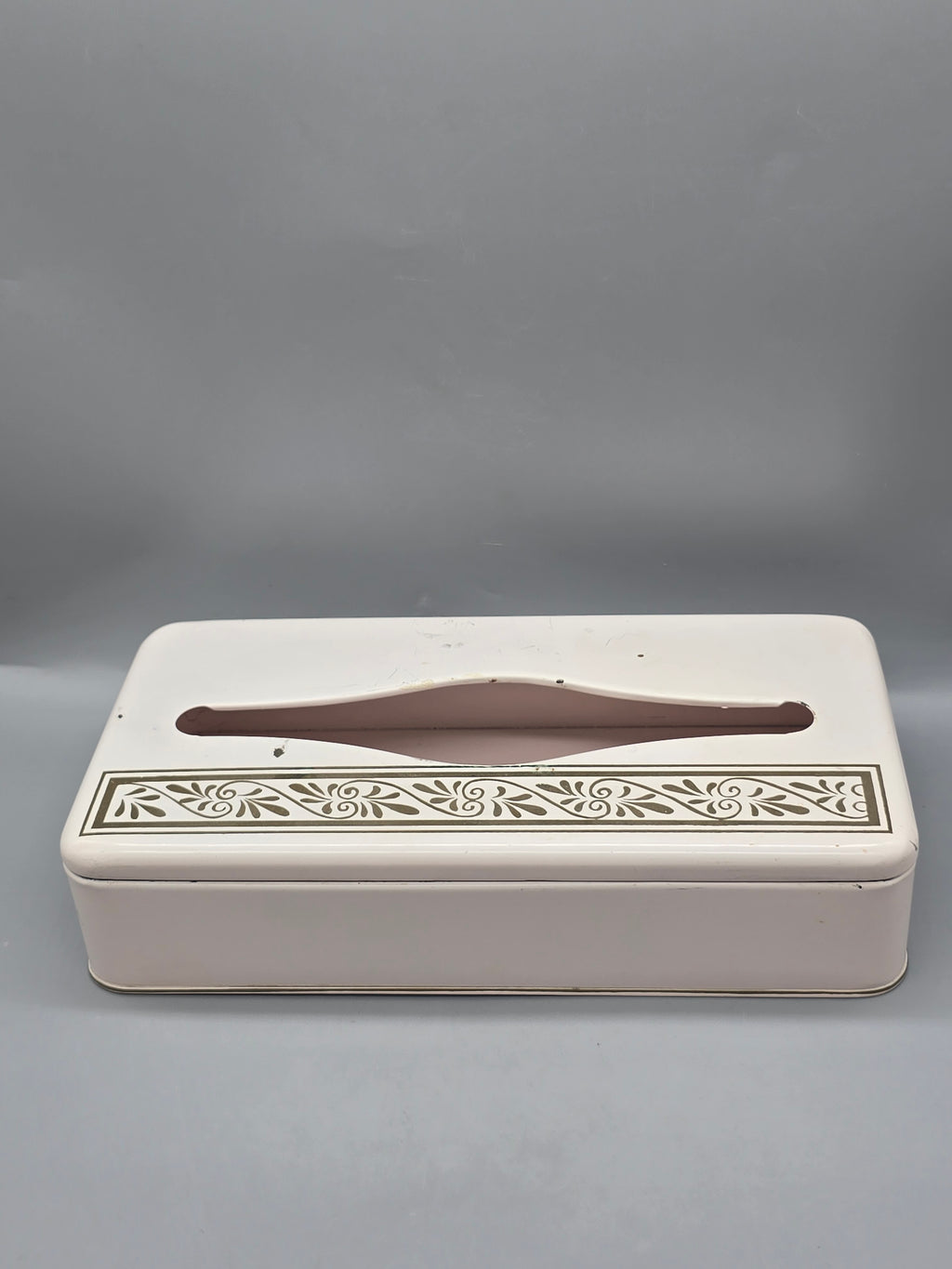 Vintage Rusting Metal Tissue Box Cover Mid Century Floral Scroll Bathroom Vanity Holder 11.5"
