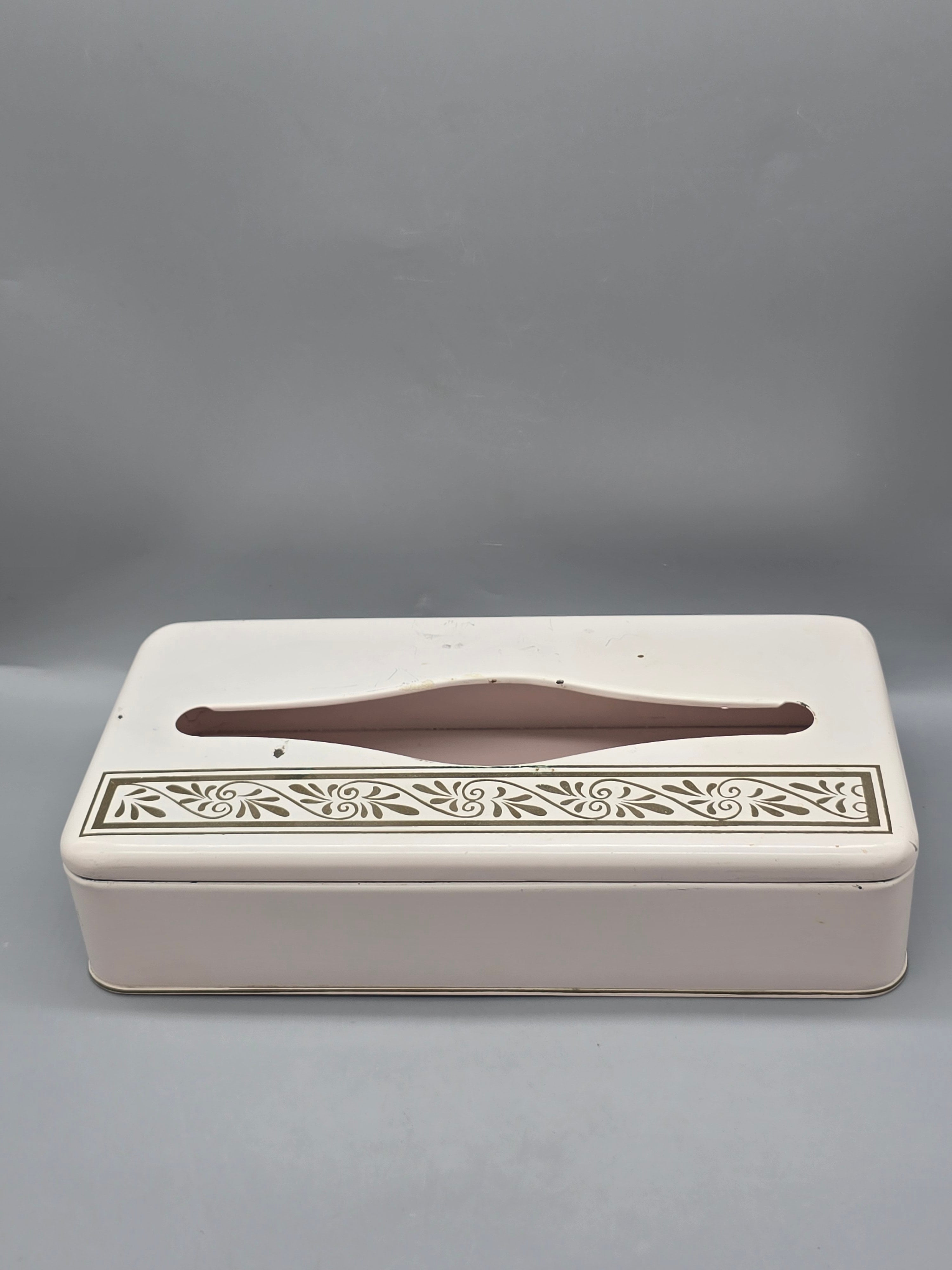 Vintage Rusting Metal Tissue Box Cover Mid Century Floral Scroll Bathroom Vanity Holder 11.5"