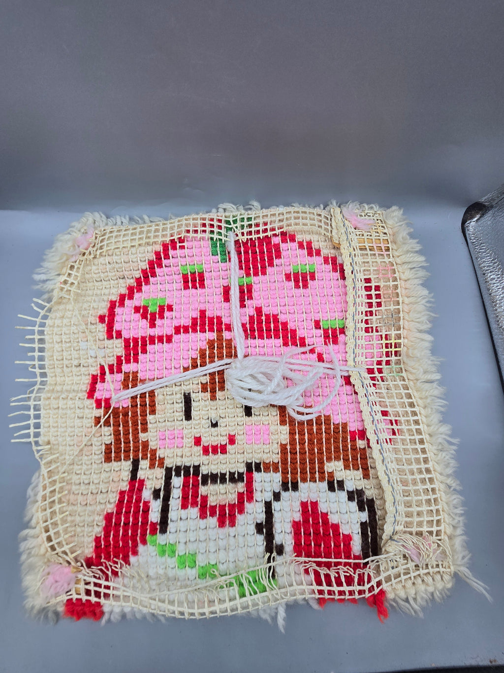 Vintage Handmade Strawberry Shortcake Latch Hook Wall Hanging Rug Canvas 12" x 12"