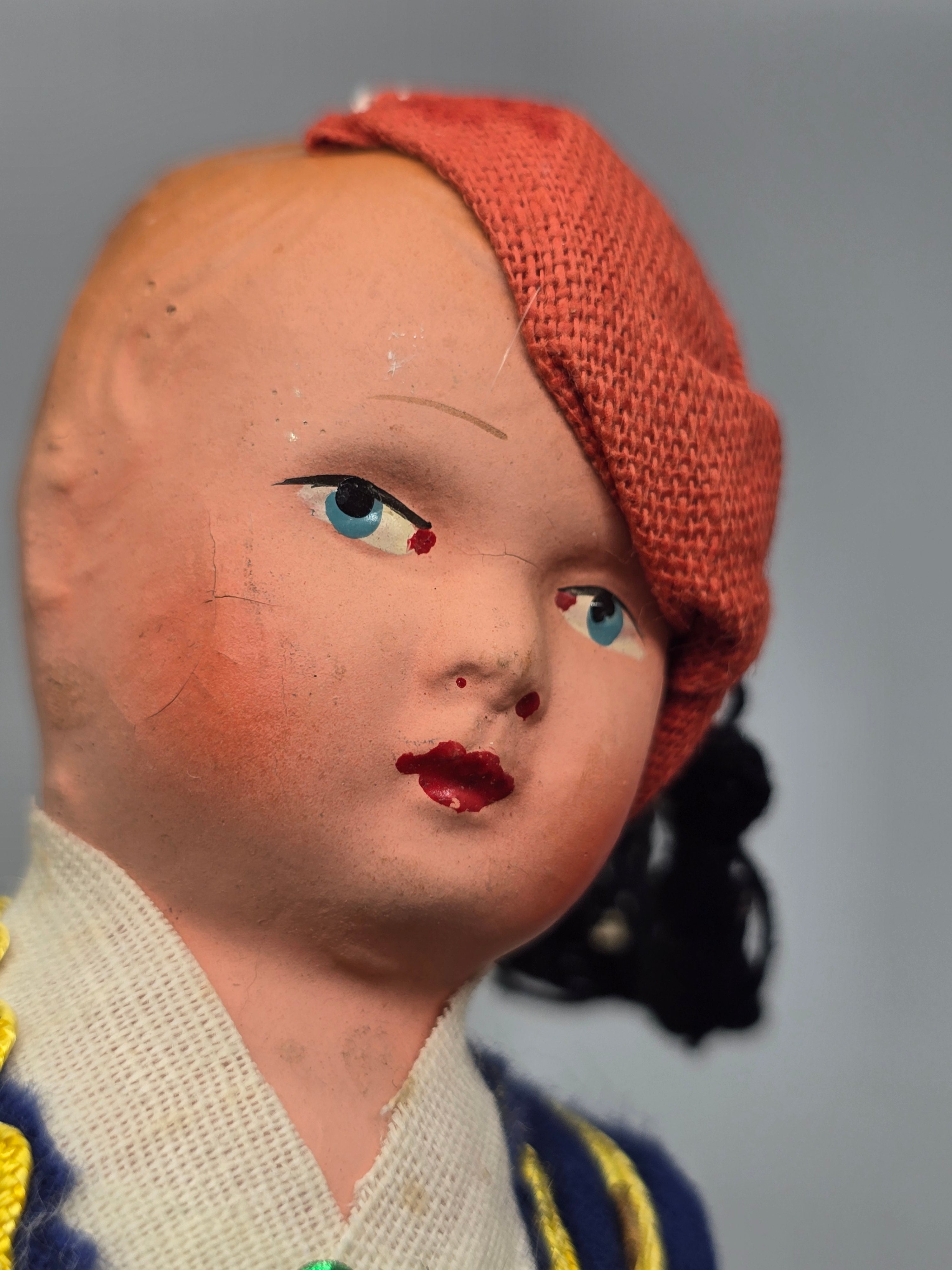 Vintage Greek Evzone Souvenir Doll Hand Painted Composition Face Traditional Folk Costume 10 Inch