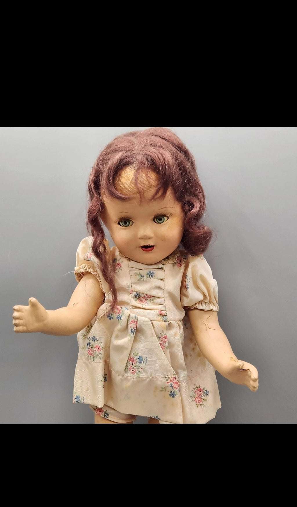 Vintage Composition Girl Doll 17 In Brown Hair Green Eyes Floral Dress Shoes