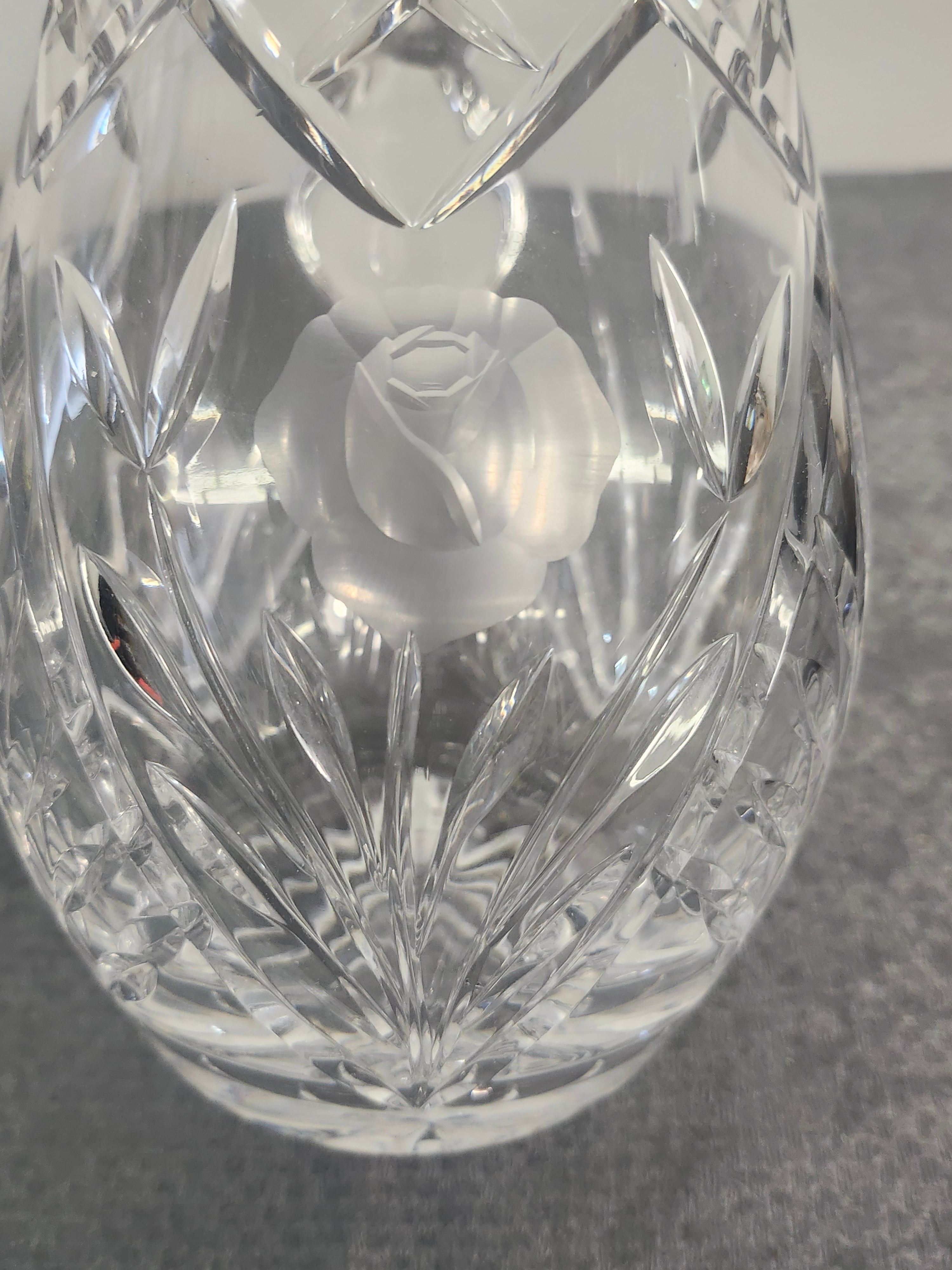 Vintage Cut Crystal Pitcher Etched Rose Floral Water Juice Vase 10"