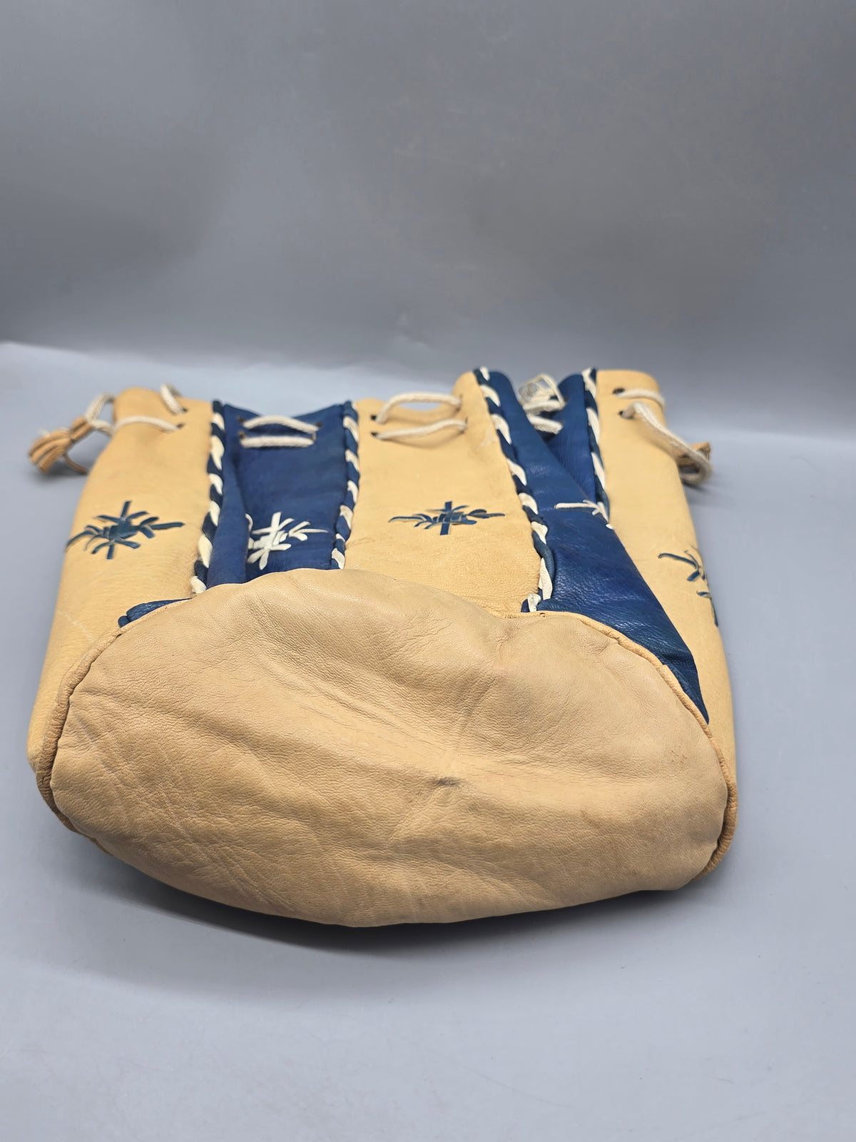 Vintage Handmade French Moroccan Leather Drawstring Bucket Bag Blue & Tan Boho Purse