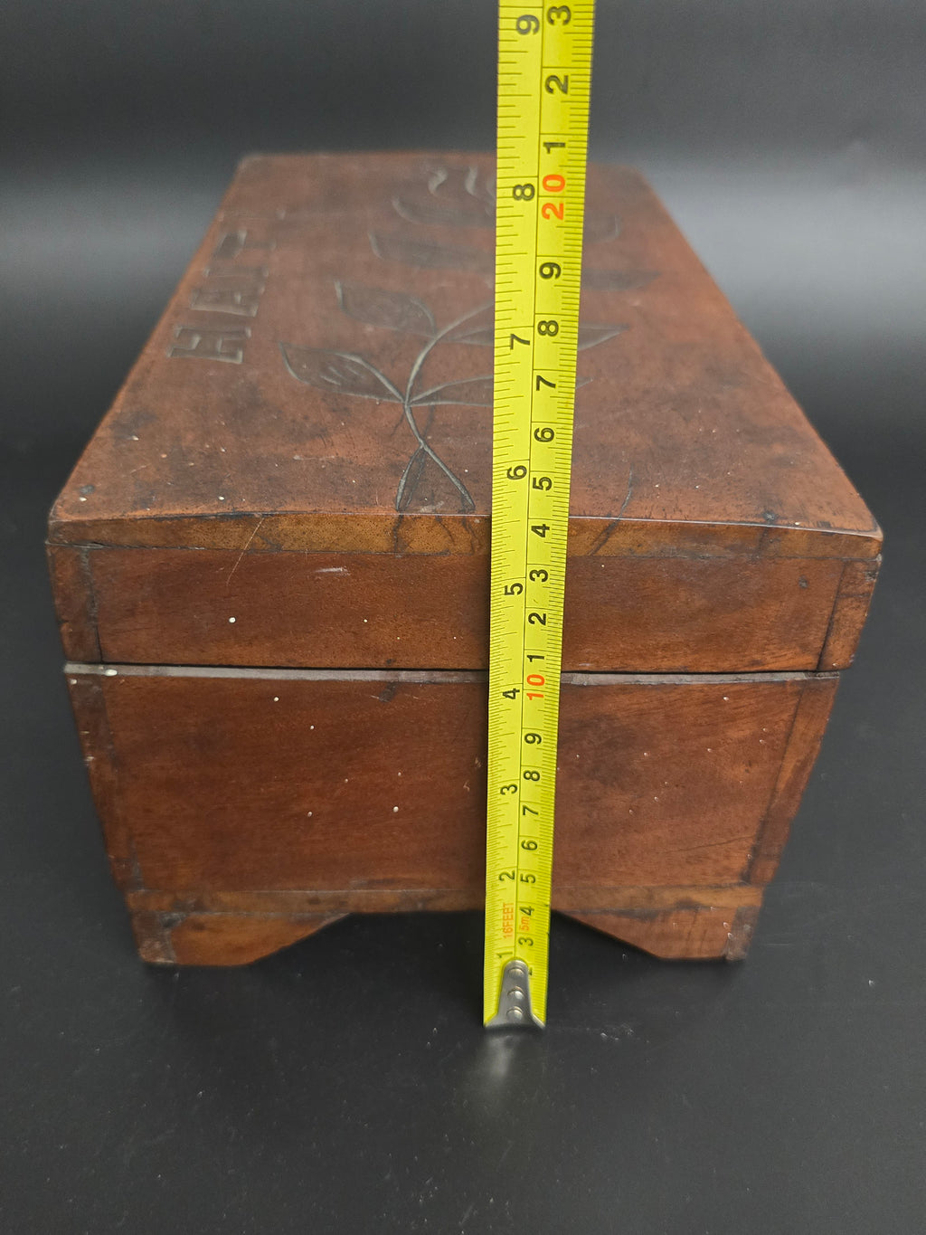 Vintage Hand Carved Wooden Keepsake Box "HAITI" Floral Folk Art Trinket Jewelry Box