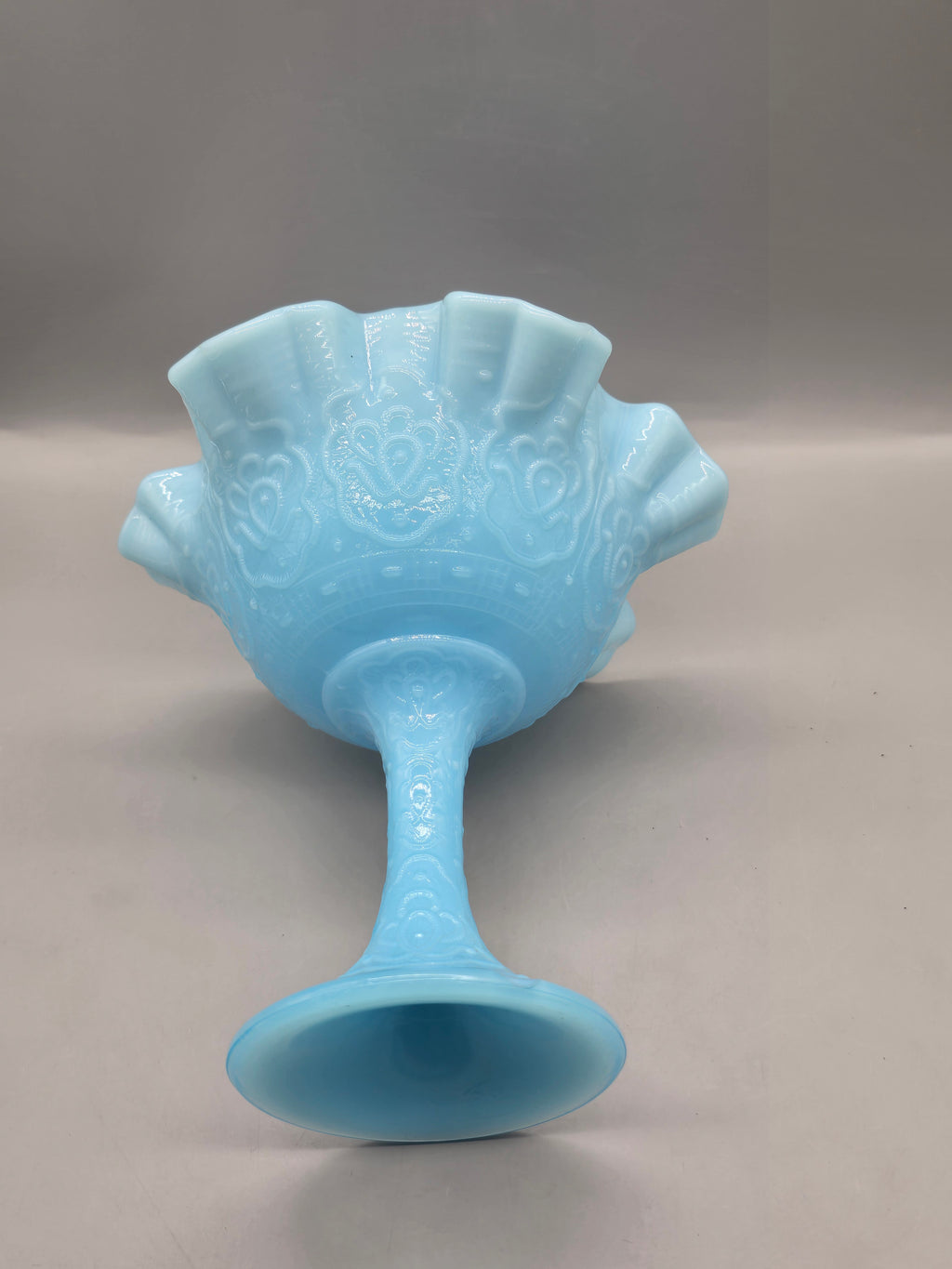 Fenton Blue Satin Glass Compote Pedestal Bowl – Ruffled Edge Candy Dish – Vintage Milk Glass