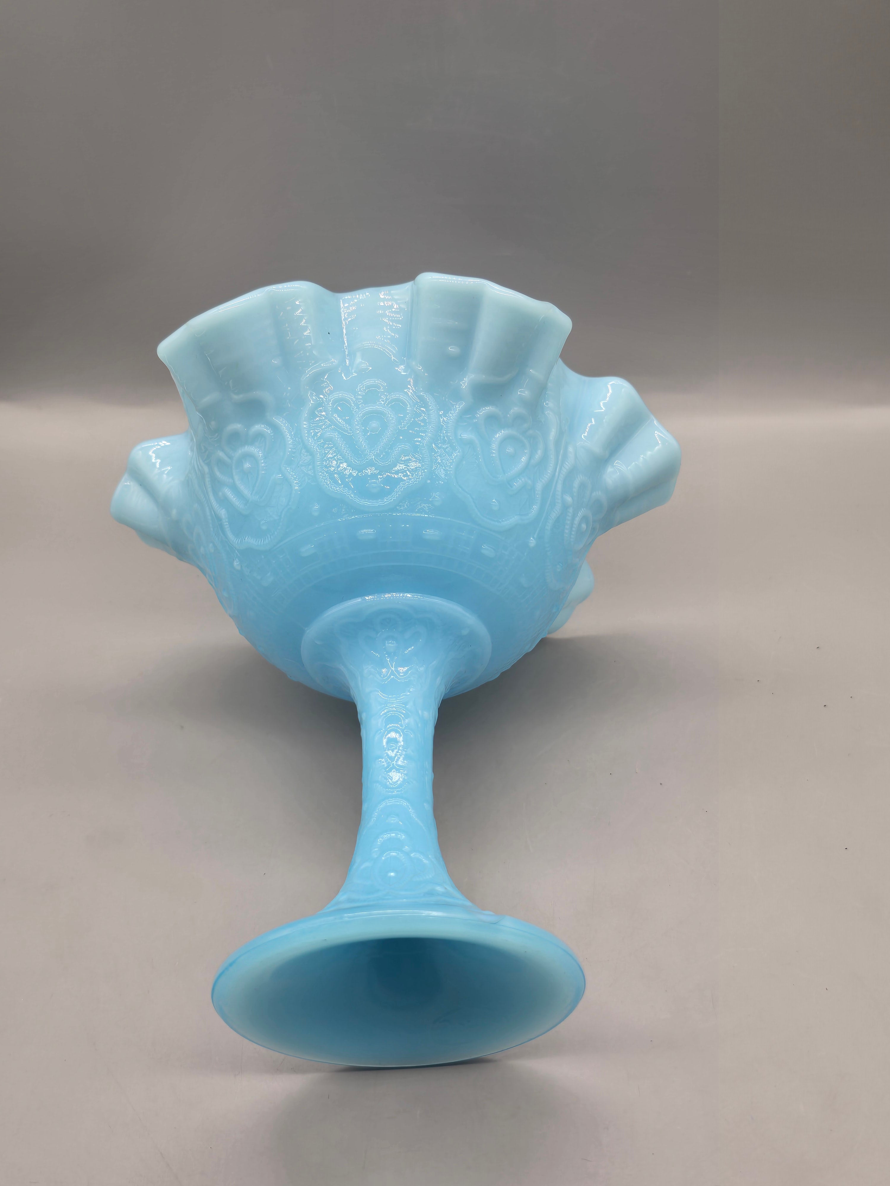 Fenton Blue Satin Glass Compote Pedestal Bowl – Ruffled Edge Candy Dish – Vintage Milk Glass