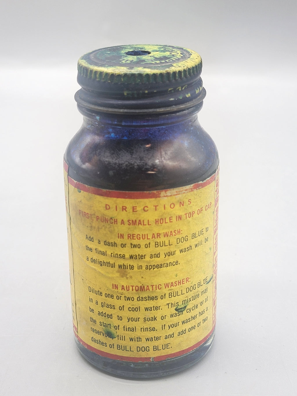 Vintage Bull Dog Blue Cobalt Glass Laundry Bluing Bottle w/ Original Label Lid