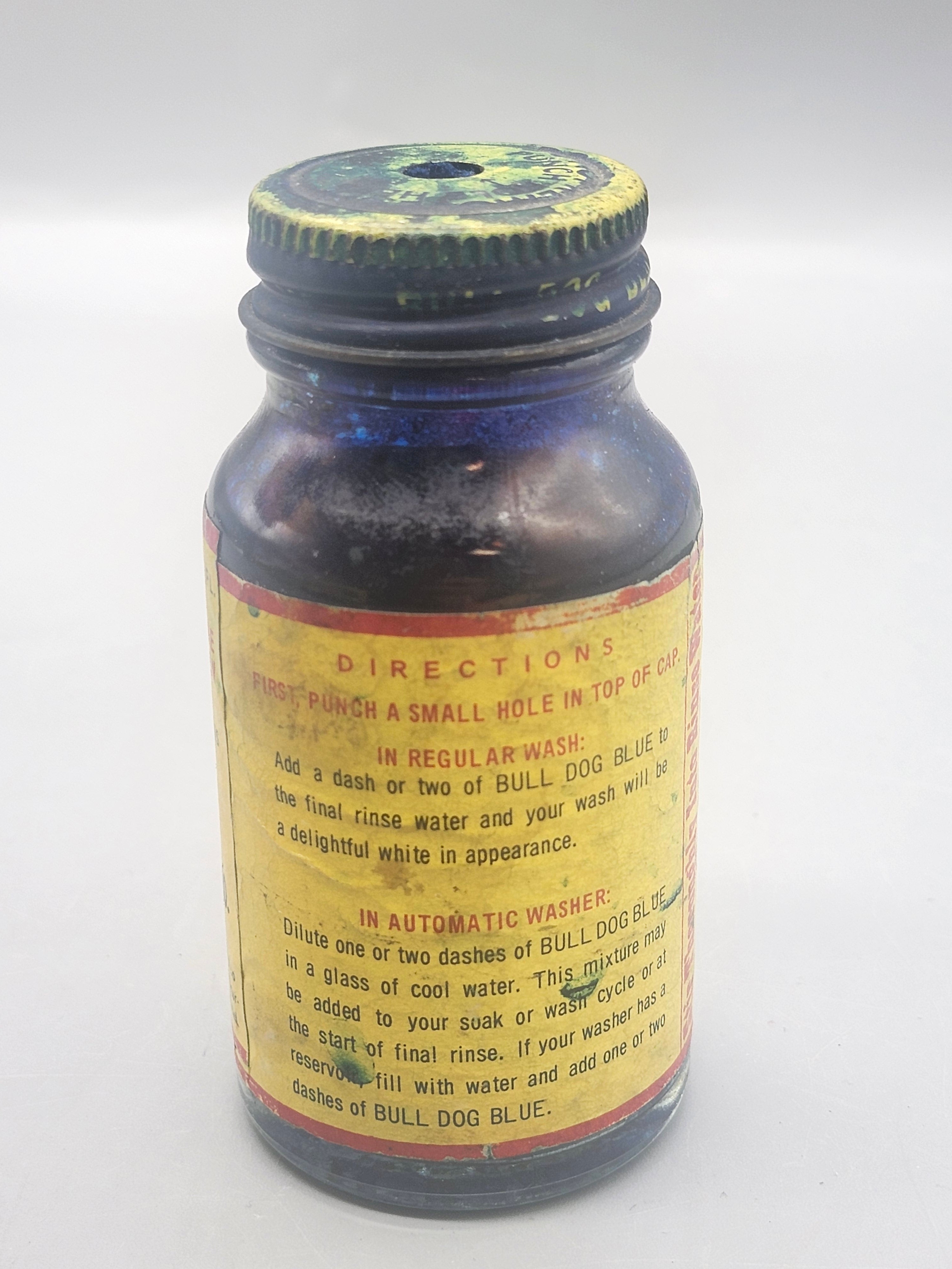 Vintage Bull Dog Blue Cobalt Glass Laundry Bluing Bottle w/ Original Label Lid