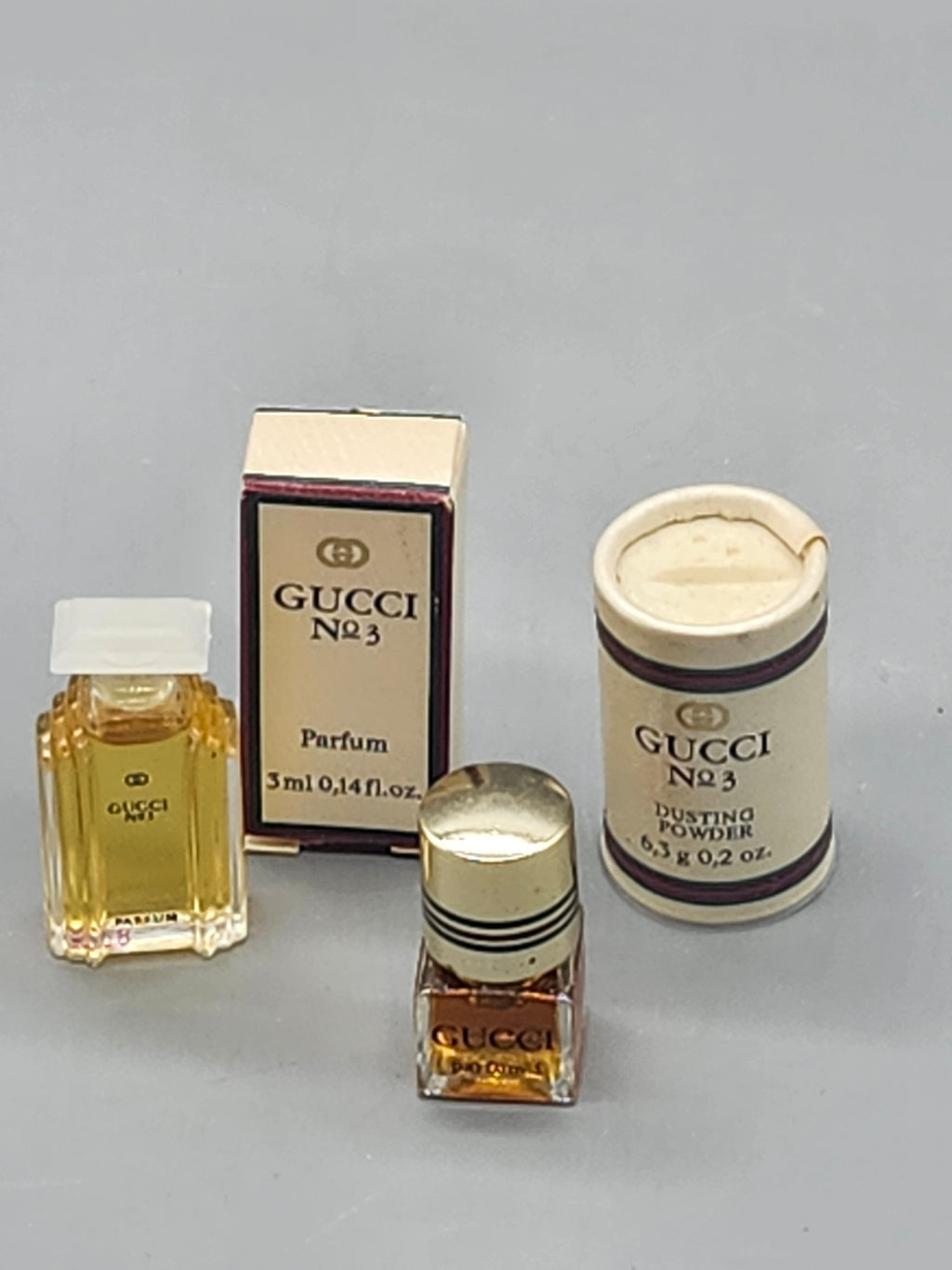 Vintage Gucci No. 1 & No. 3 Mini Perfume Lot Parfum Dusting Powder w/ Box