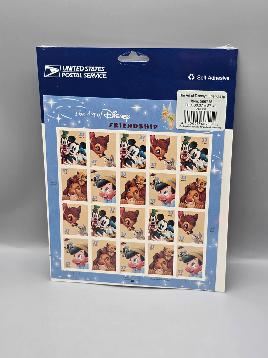 USPS The Art of Disney Friendship 37¢ Sheet of 20 Self-Adhesive Stamps Sealed Mickey Bambi Pinocchio