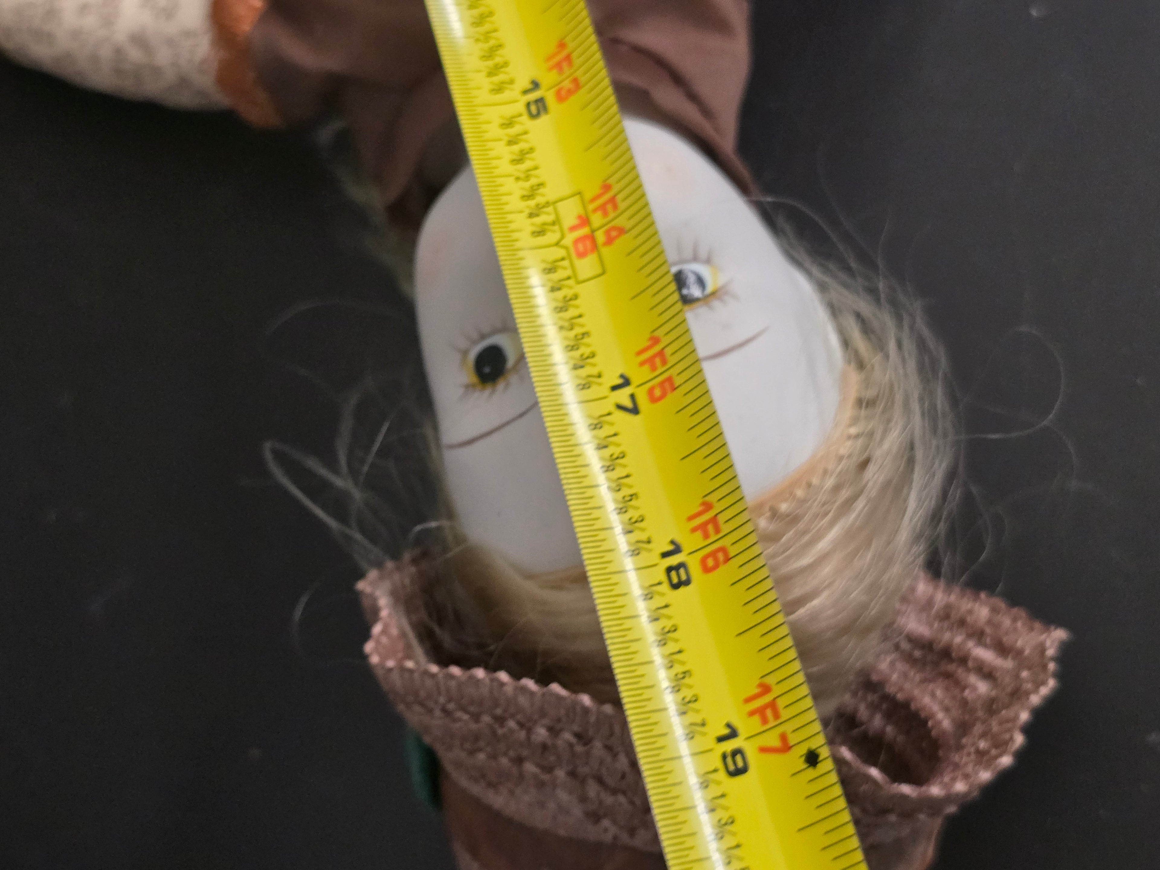 Vintage 18" Porcelain Head Doll Blonde Hair Brown Floral Dress Straw Hat Display Doll