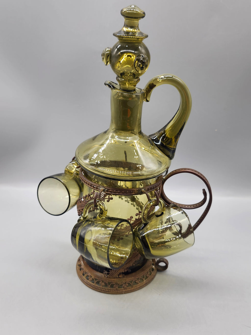 Vintage Green Glass Decanter 4 Cups Caddy Set Empoli Italian Genie Bottle