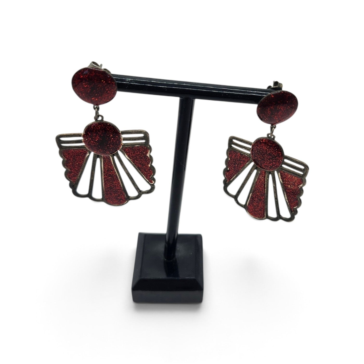 Vintage Art Deco Style Red Glitter Enamel Fan Drop Dangle Earrings