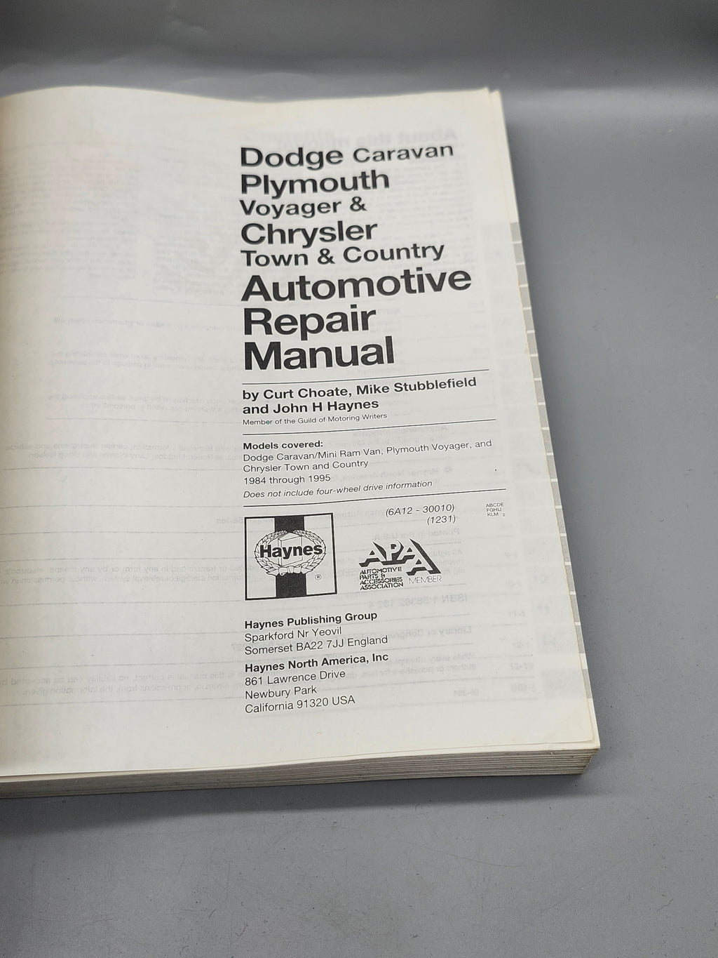 Haynes Dodge Caravan Plymouth Voyager Repair Manual 1984-1995 FWD 30010