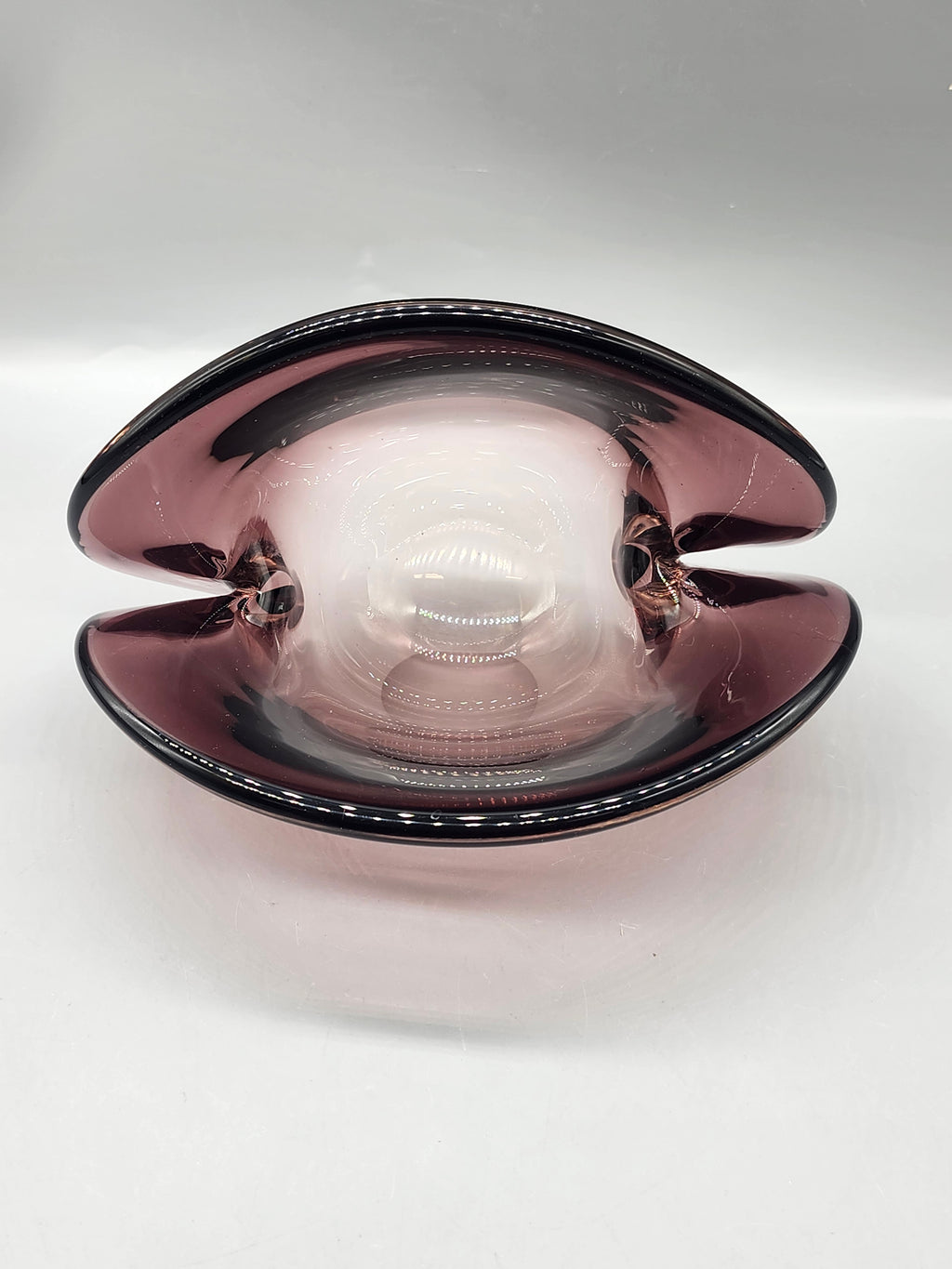 Vintage Amethyst Art Glass Clam Shell Bowl Purple Hand Blown Centerpiece