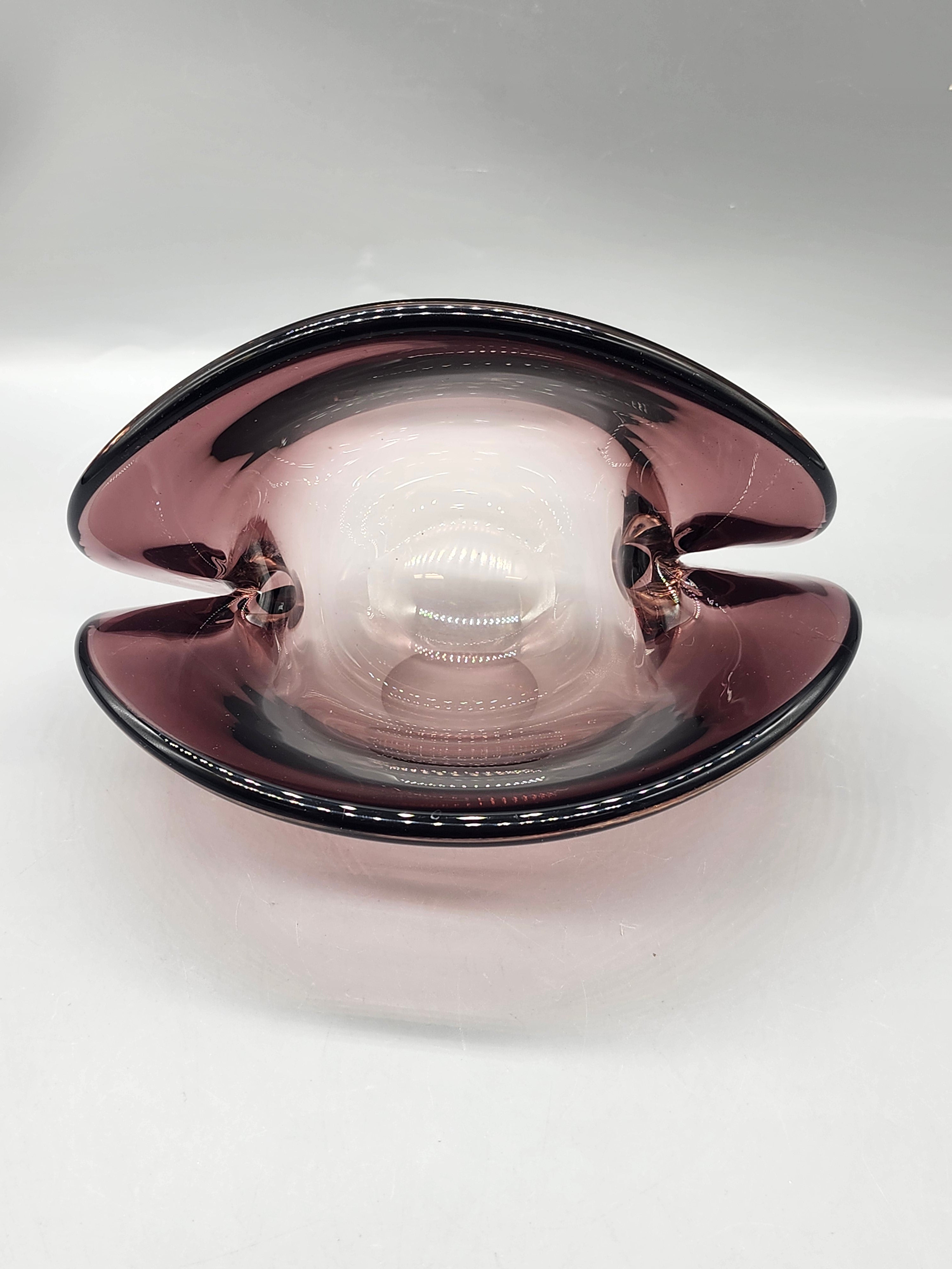Vintage Amethyst Art Glass Clam Shell Bowl Purple Hand Blown Centerpiece
