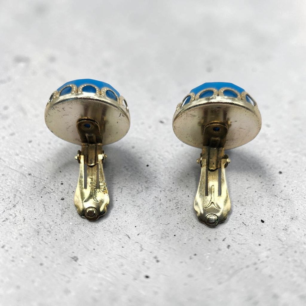 Vintage Blue Faceted Lucite Clip-On Earrings Gold Tone Filigree Accent Retro