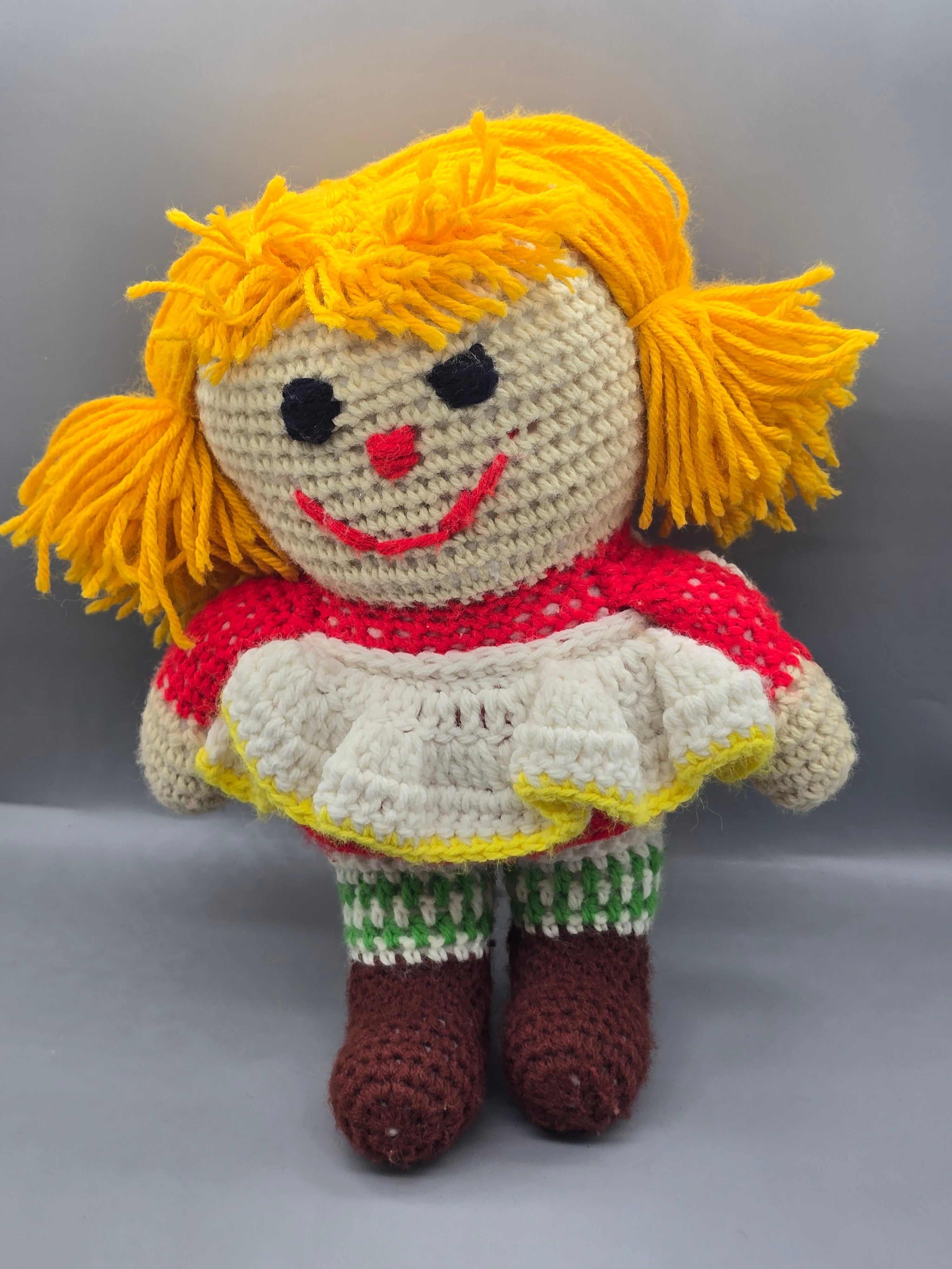 Vintage Handmade Crochet Raggedy Ann Style Doll – Handcrafted Yarn Hair – Approx. 13"