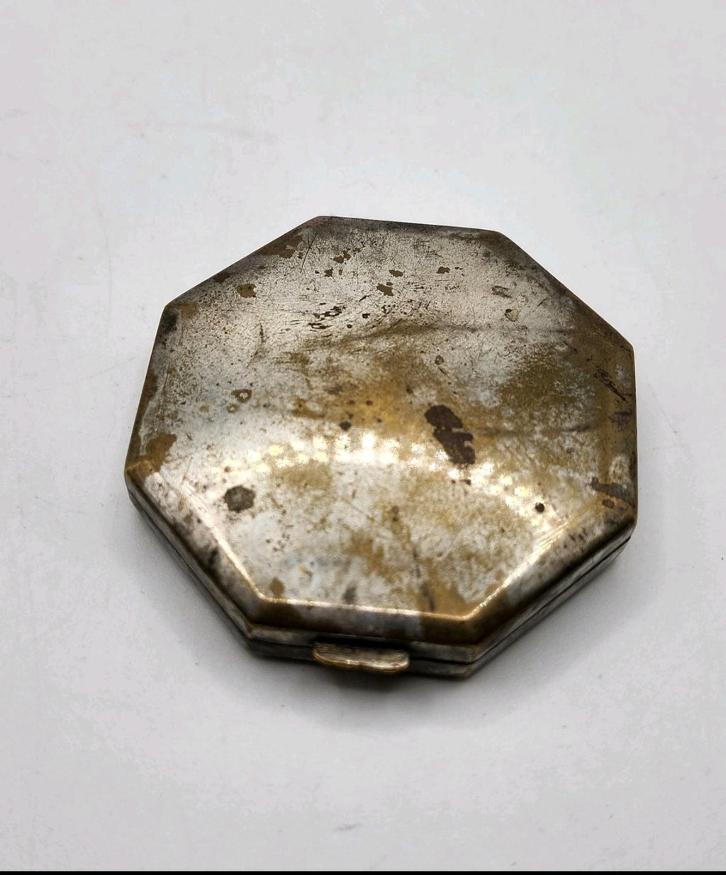 Vintage Art Deco Floral Powder Compact Mirror Octagon Gold Silver Tone Case