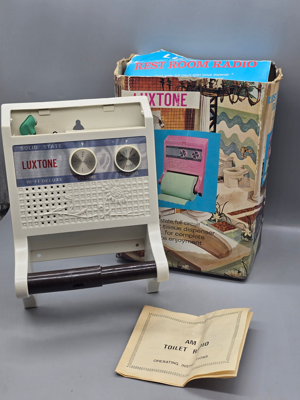 Vintage Luxtone Rest Room Radio Toilet Paper Dispenser AM Radio w/ Original Box & Manual – Read