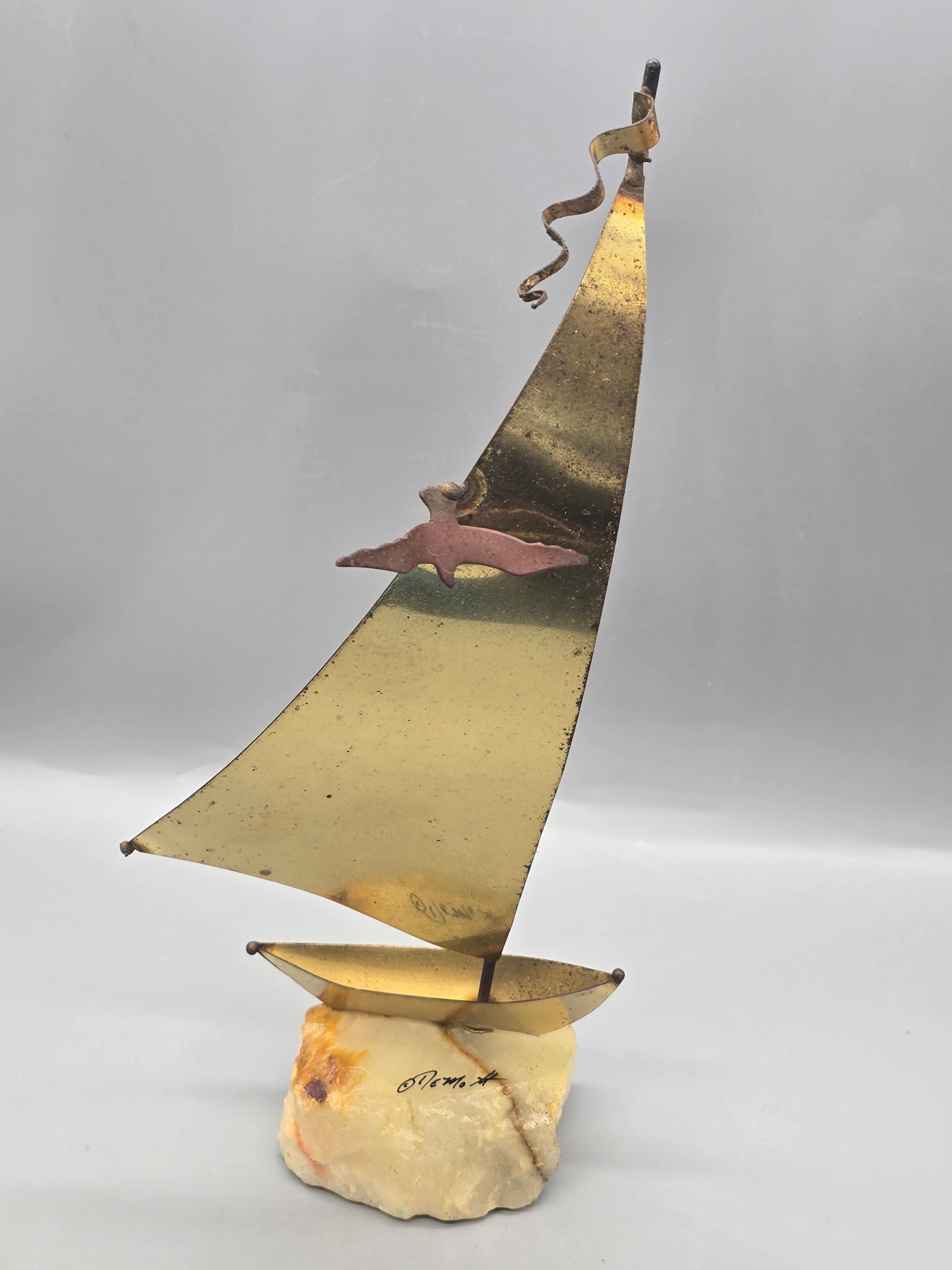 Vintage Signed "Nemo" Brass 12" Sailboat Sculpture on Alabaster Base – Mid Century Modern Nautical Décor