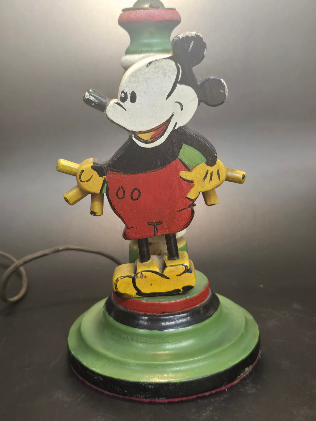 Vintage Mickey Mouse Wooden Figural Table Lamp Hand Painted Disney Folk Art