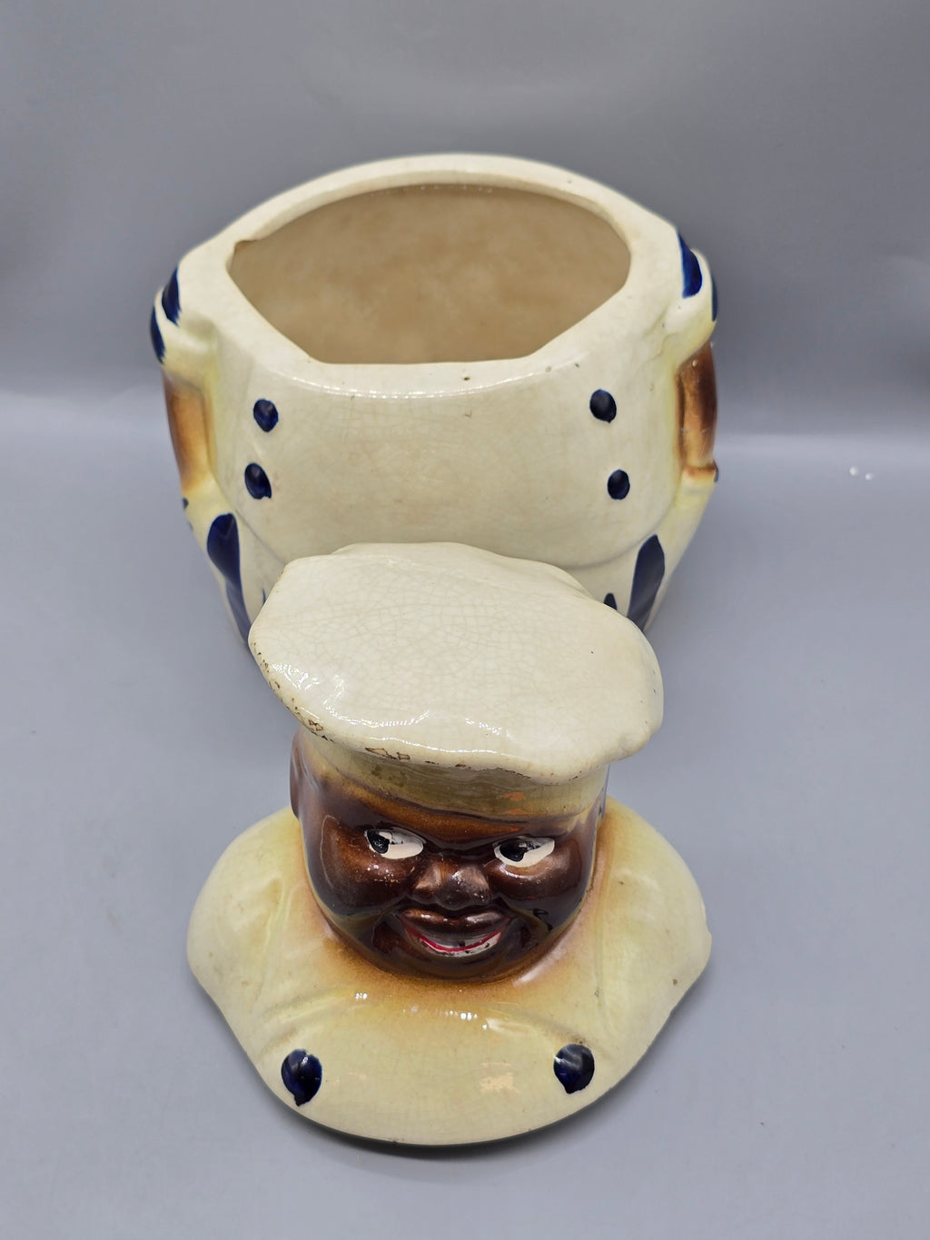 Vintage Black Americana Chef Cookie Jar Blue & White Pottery Ceramic w/ Lid