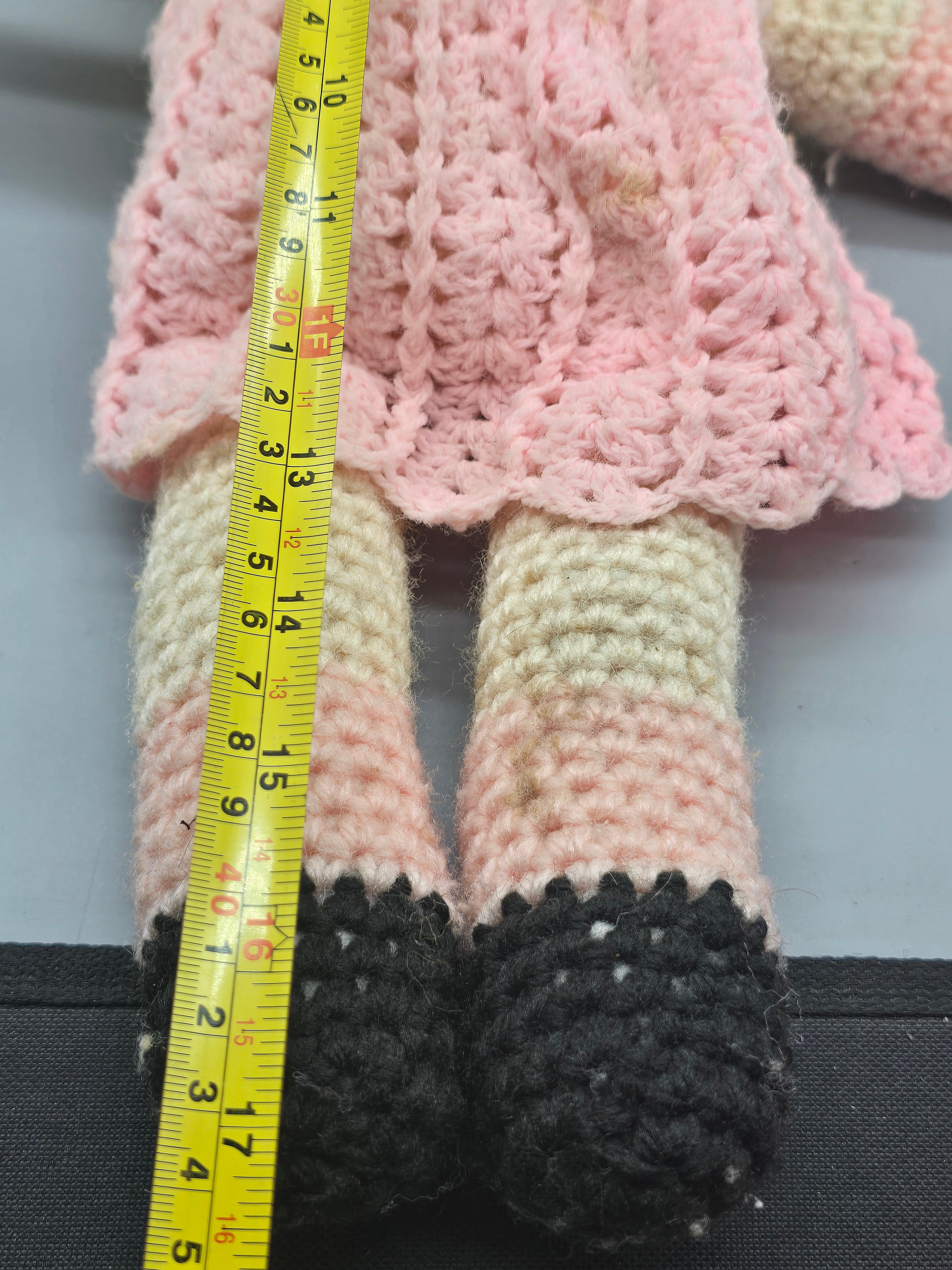 Handmade Crochet Pig Doll – Pink Dress – Blonde Yarn Hair – 17" Plush Collectible