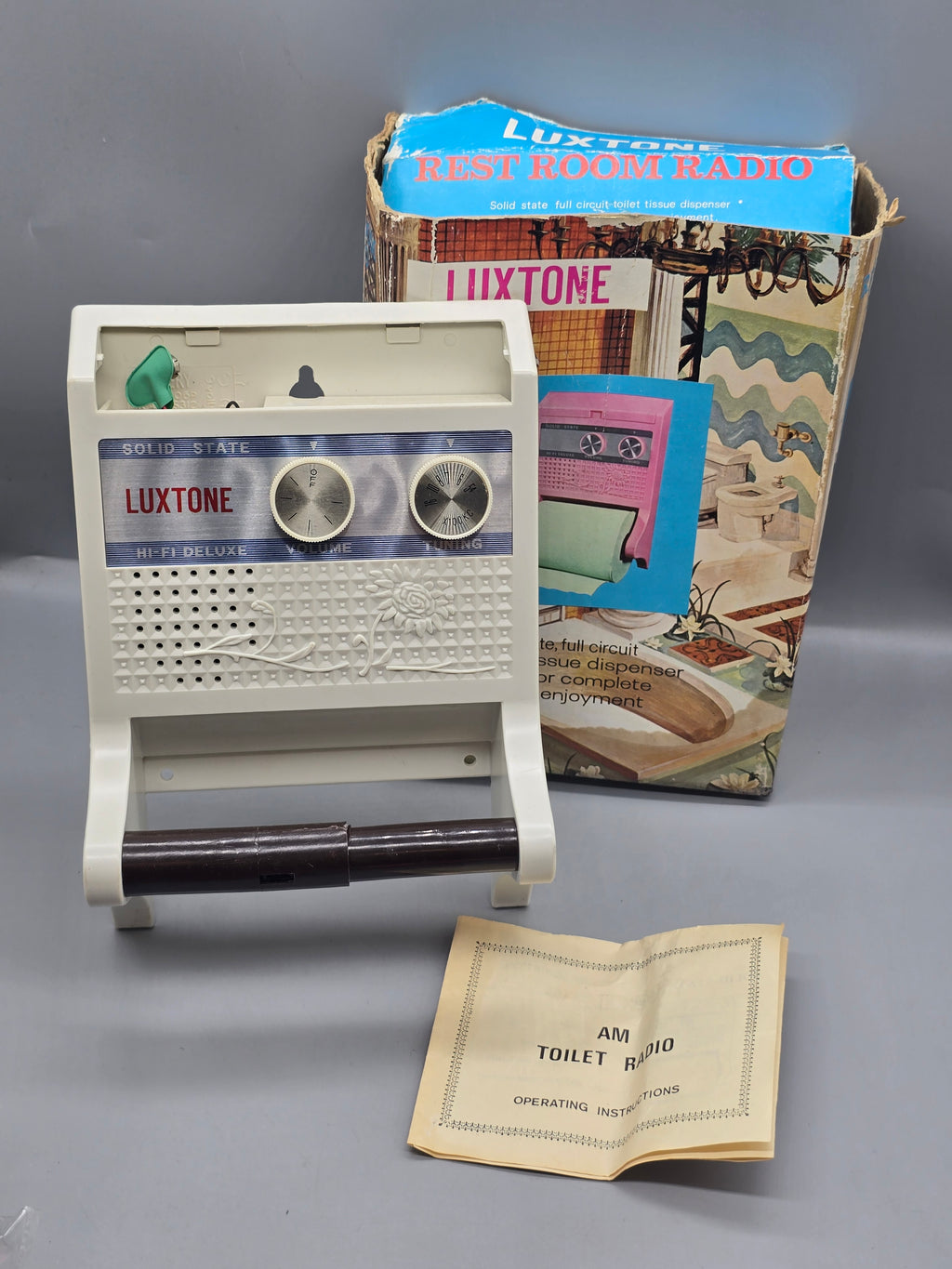 Vintage Luxtone Rest Room Radio Toilet Paper Dispenser AM Radio w/ Original Box & Manual – Read