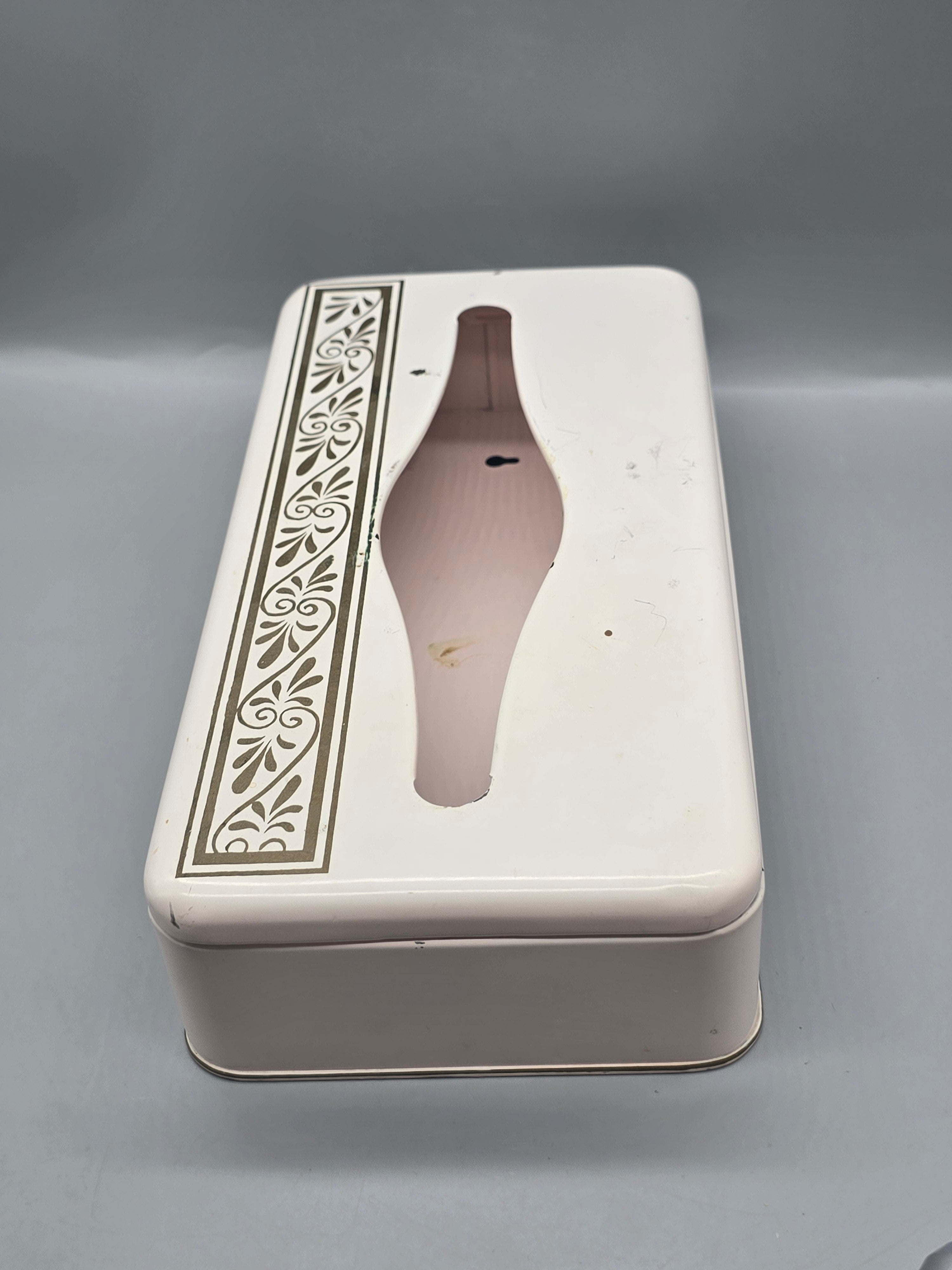 Vintage Rusting Metal Tissue Box Cover Mid Century Floral Scroll Bathroom Vanity Holder 11.5"
