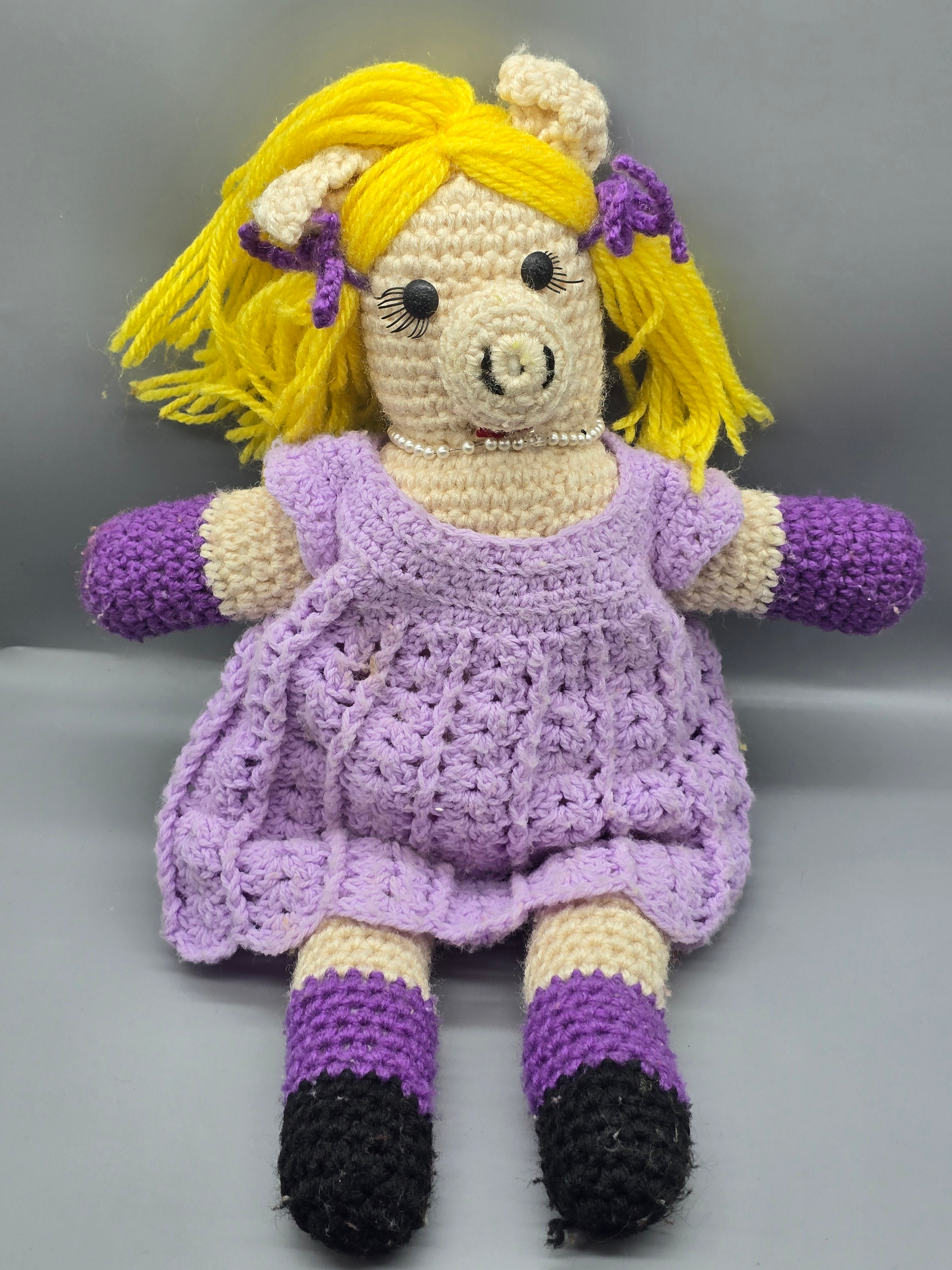 Vintage Handmade Crochet Ms Piggy Doll in Purple Dress – Blonde Yarn Hair – 17" Plush Collectible