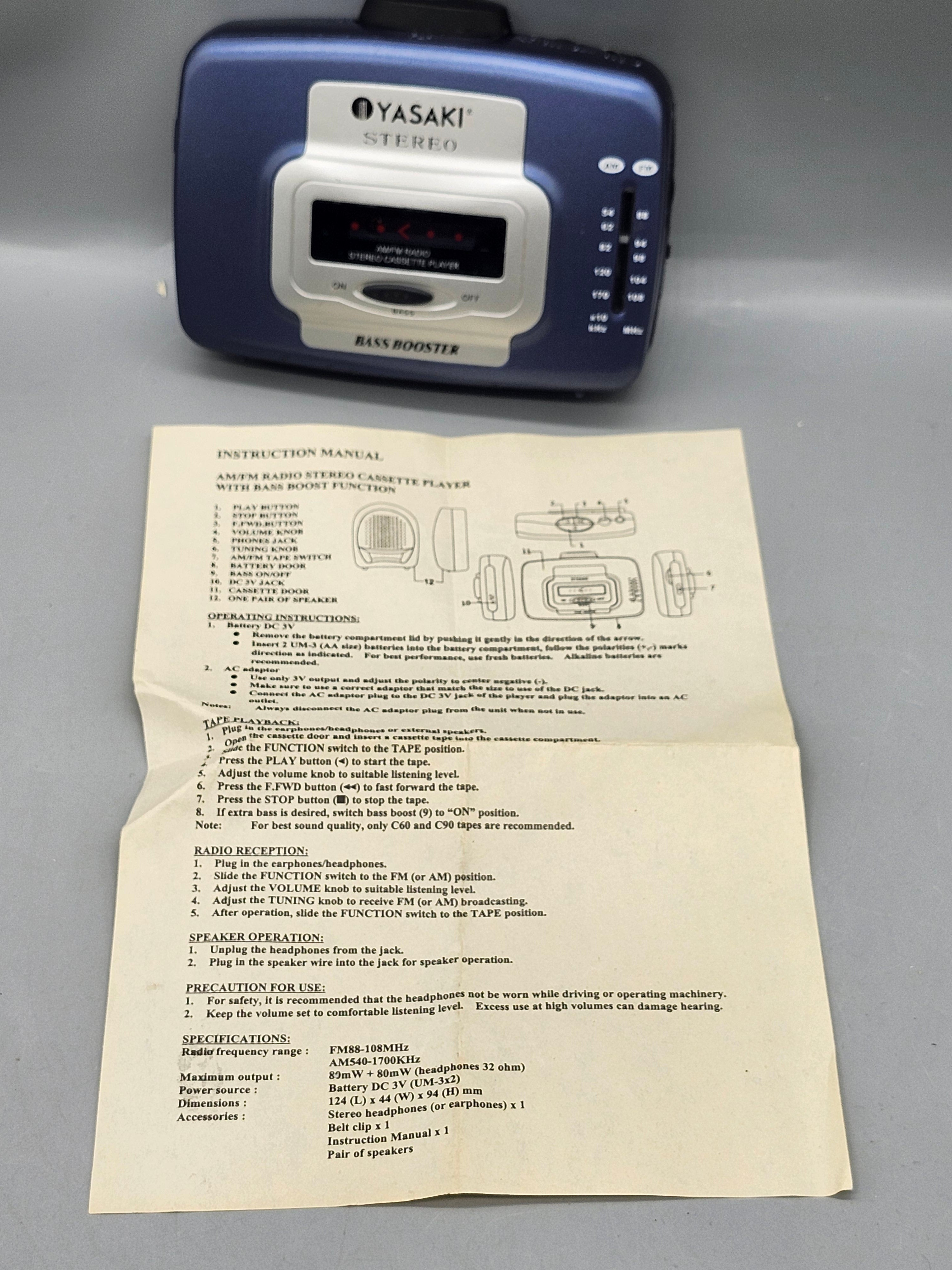 Yasaki AM/FM Stereo Cassette Player Walkman Bass Booster w/ Manual Tested