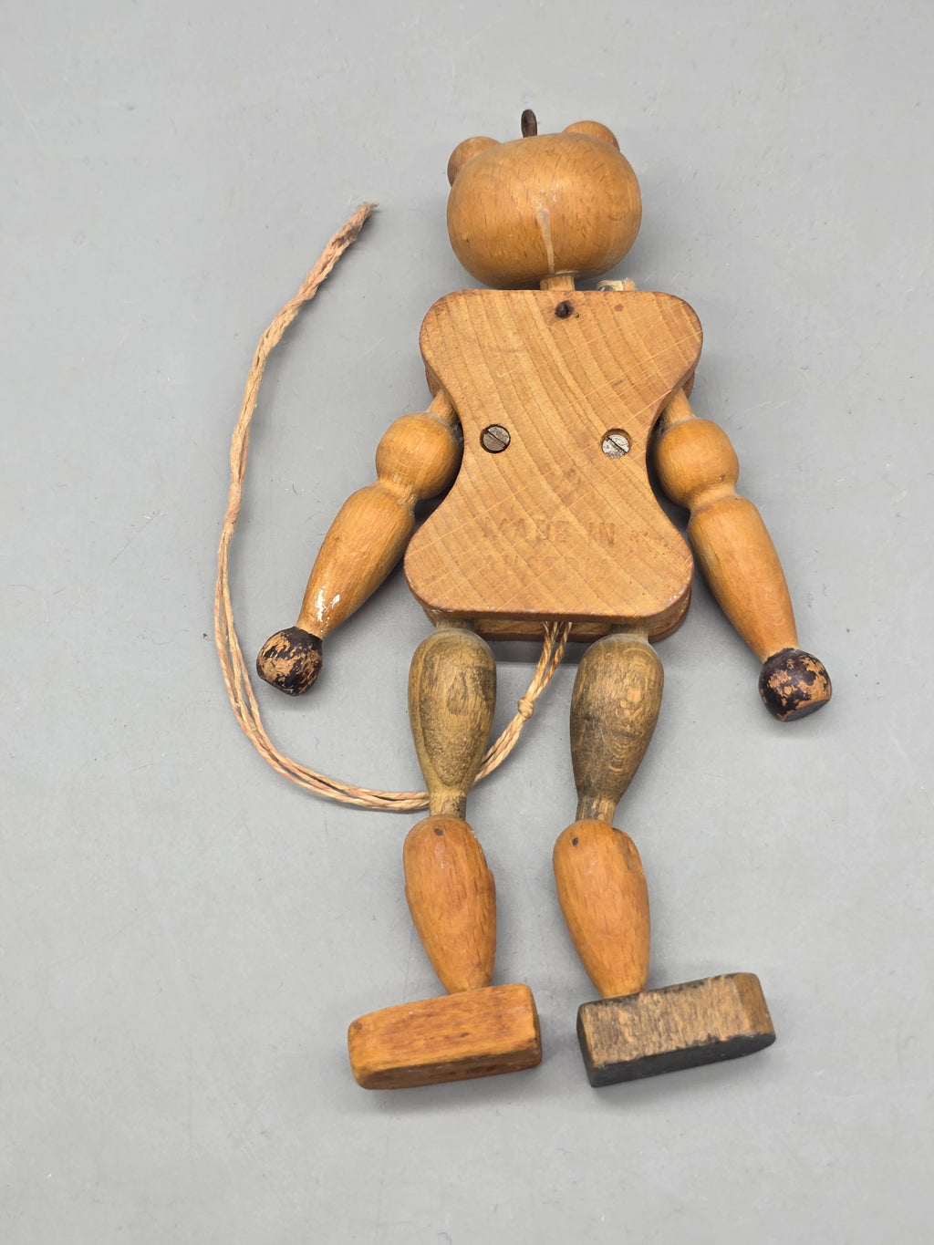 Vintage Wooden Jointed Pull String Bear Puppet Hand Painted Articulated Folk Art Toy 7"