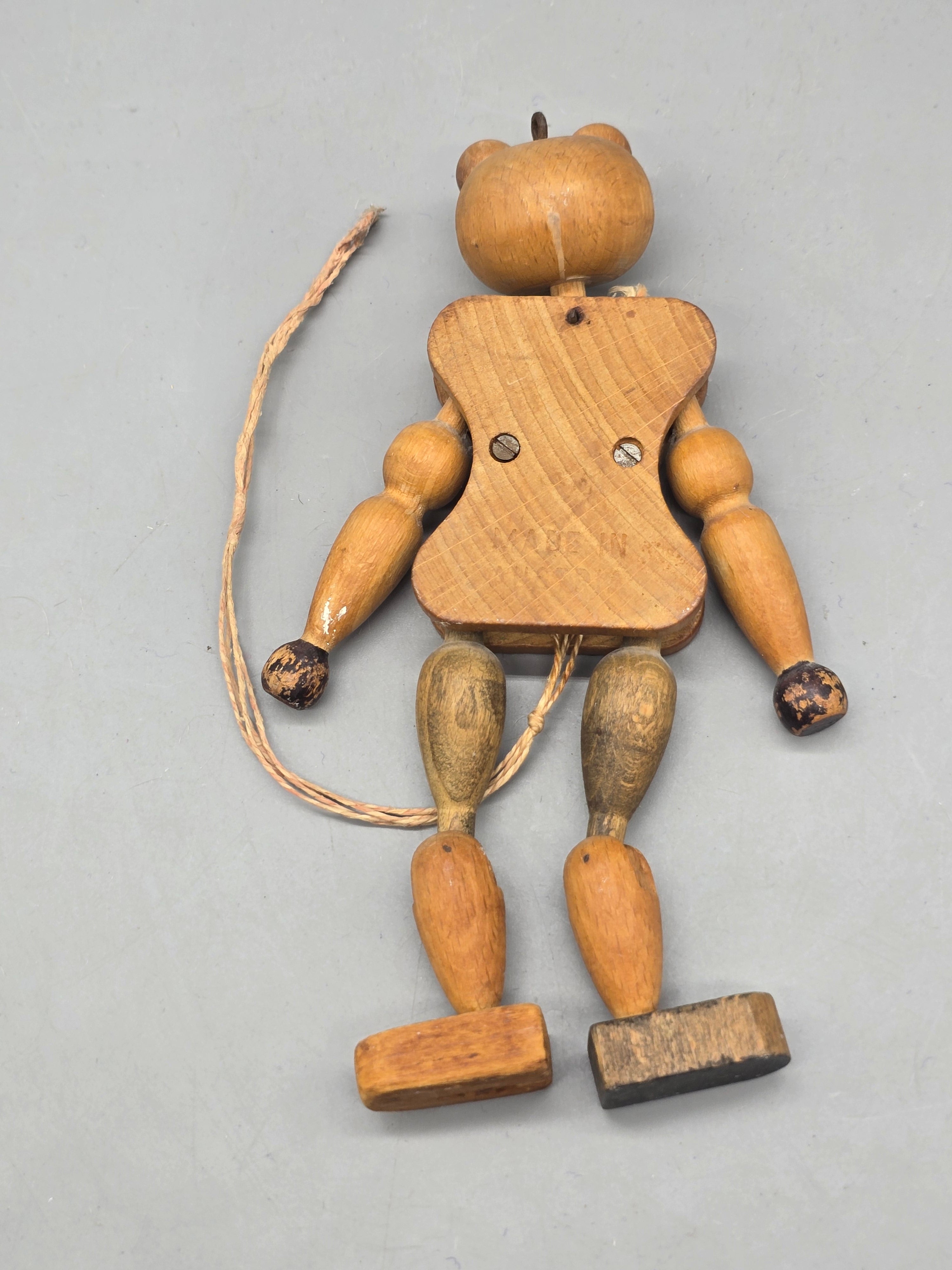 Vintage Wooden Jointed Pull String Bear Puppet Hand Painted Articulated Folk Art Toy 7"