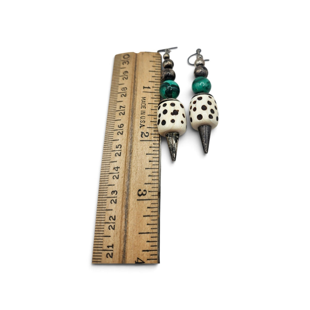 Vintage Southwestern Style Malachite Bead Spotted Bone Spike Dangle Earrings