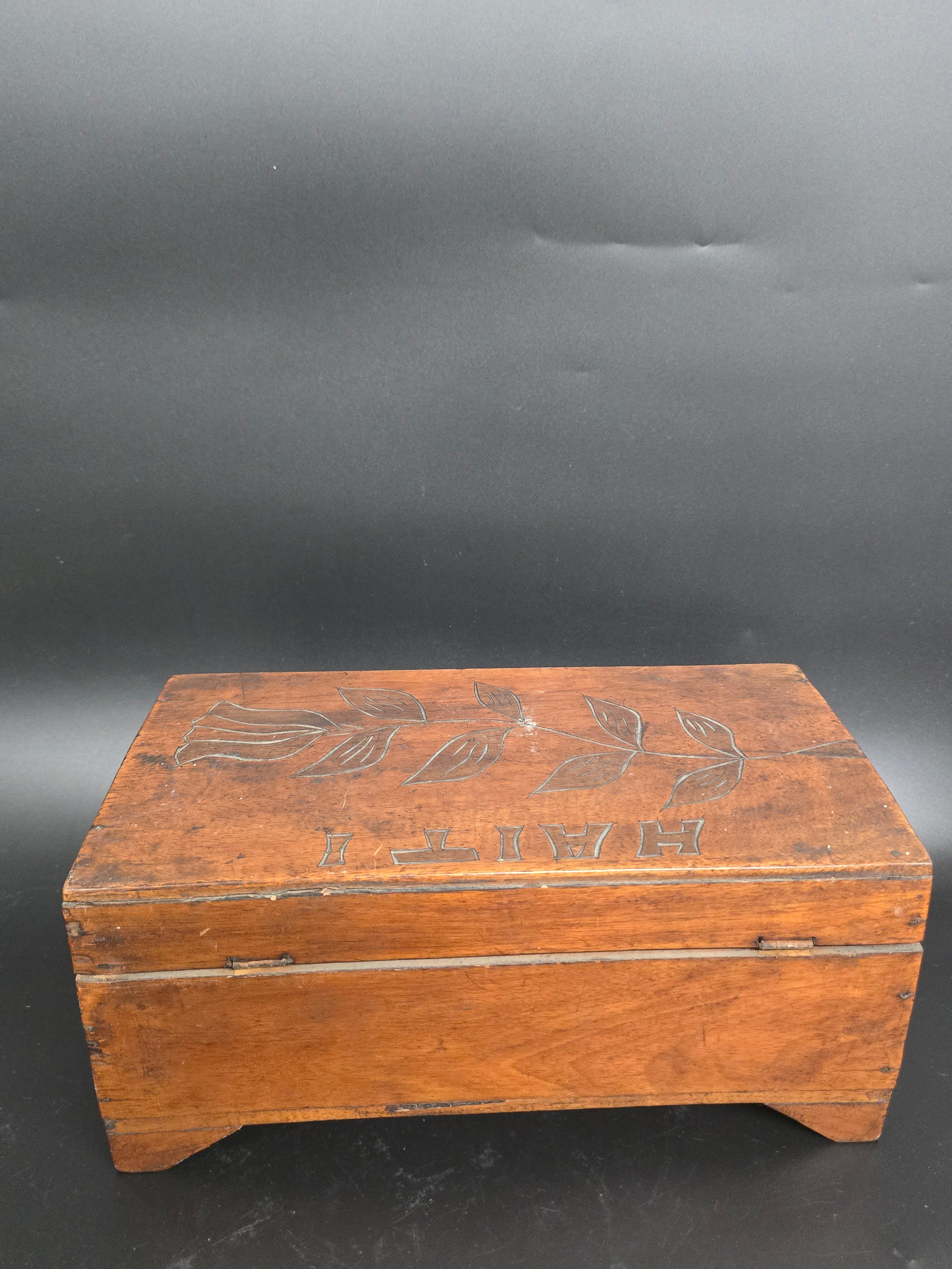 Vintage Hand Carved Wooden Keepsake Box "HAITI" Floral Folk Art Trinket Jewelry Box