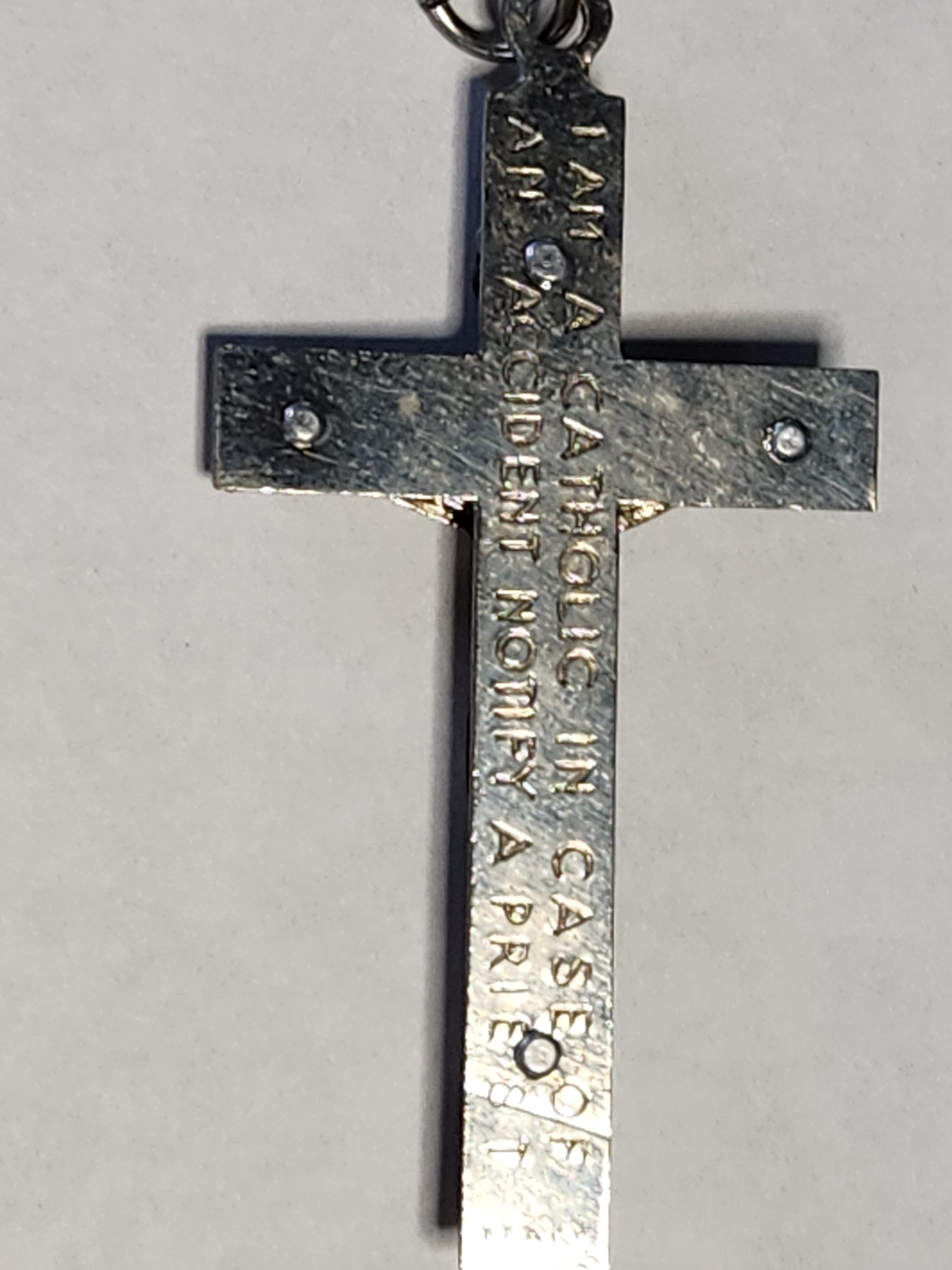 Vintage Italy Catholic Crucifix Cross Pendant Black Enamel Silver Tone