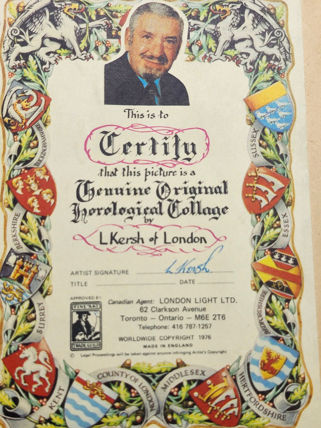 L Kersh of London Time for Shalom Horological Collage Framed 1976