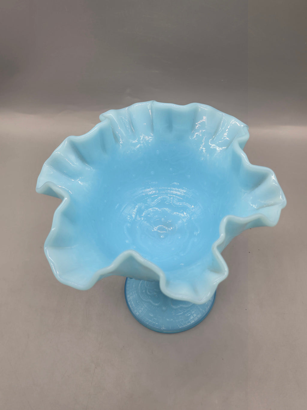Fenton Blue Satin Glass Compote Pedestal Bowl – Ruffled Edge Candy Dish – Vintage Milk Glass