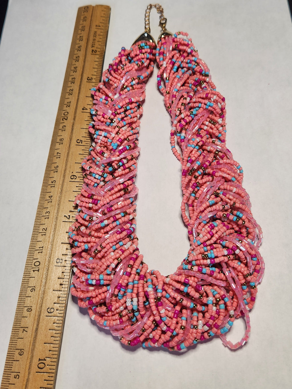 Vintage Pink Multi Strand Seed Bead Statement Collar Necklace Boho Bib
