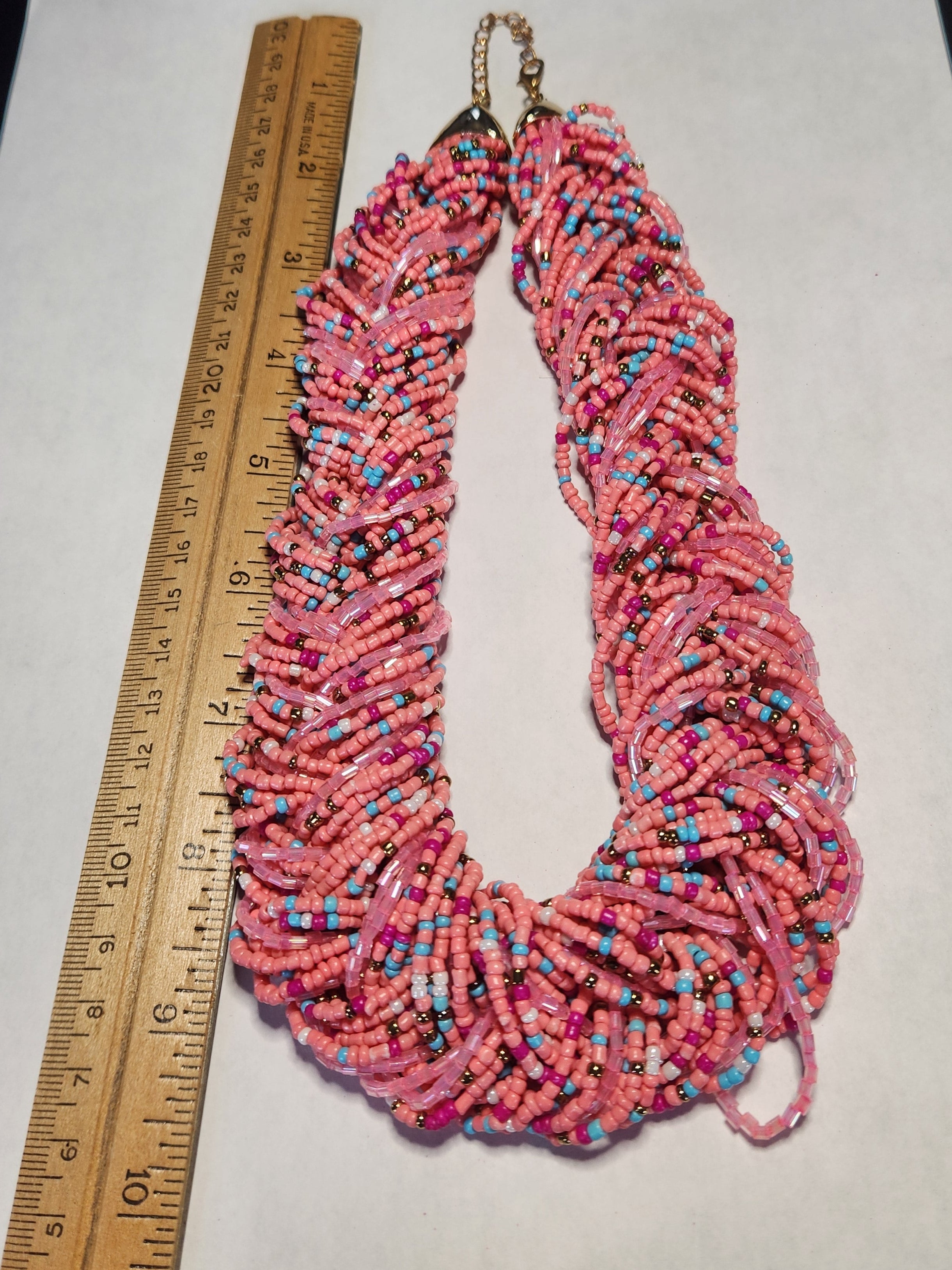 Vintage Pink Multi Strand Seed Bead Statement Collar Necklace Boho Bib