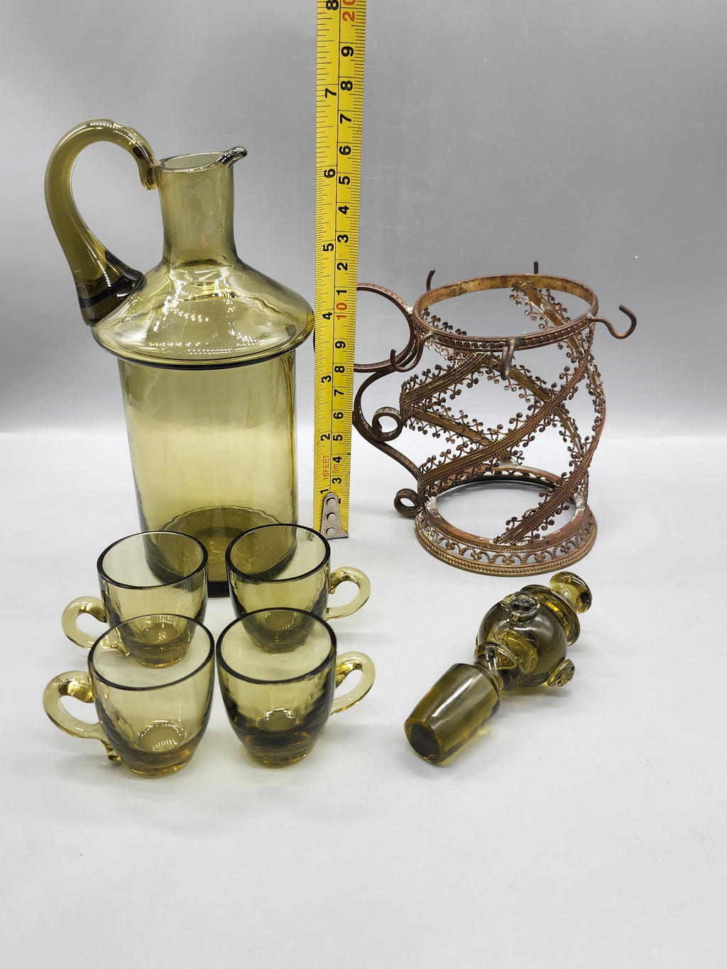Vintage Green Glass Decanter 4 Cups Caddy Set Empoli Italian Genie Bottle